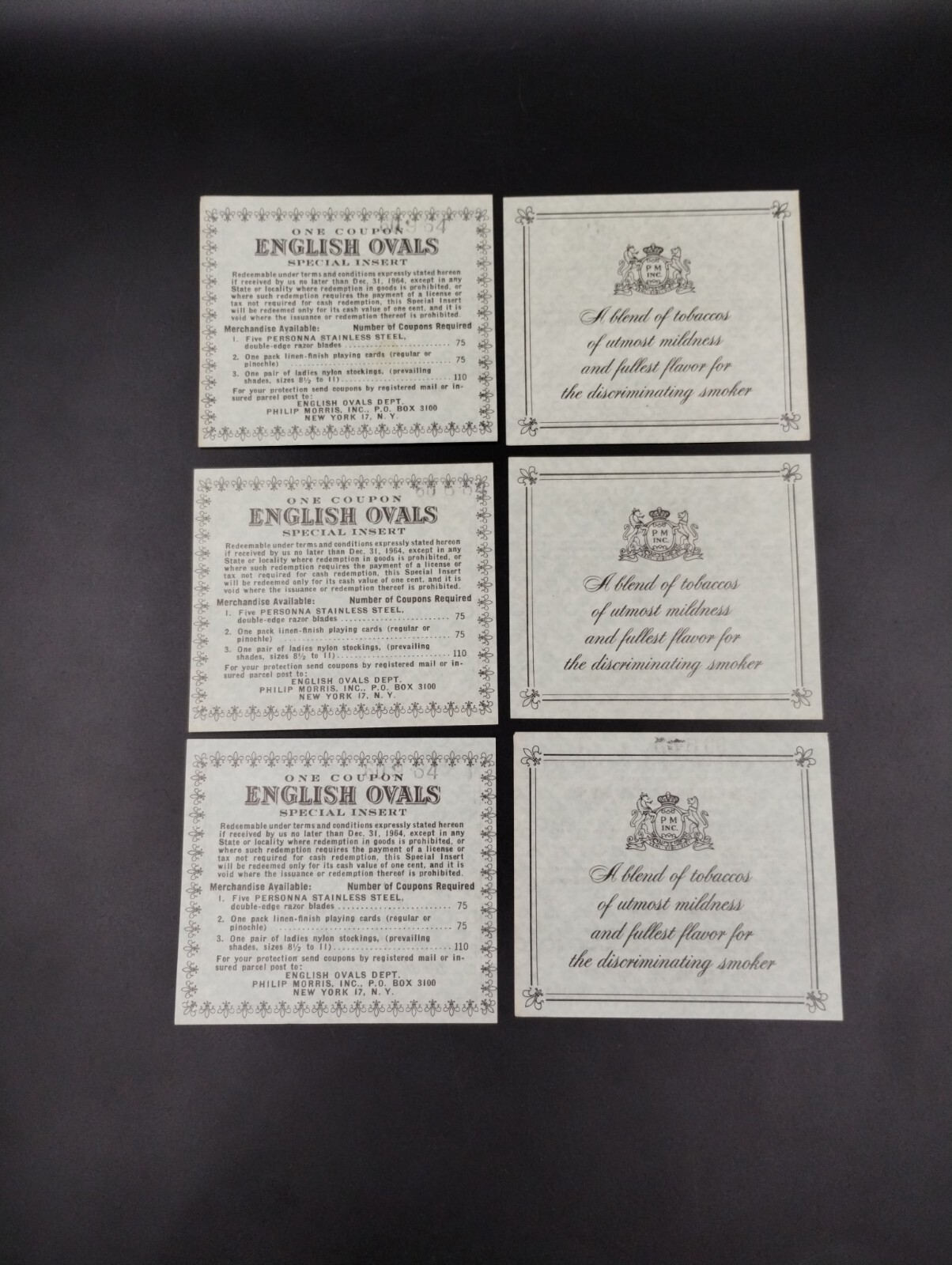 Lot of 6 VTG 1960's Philip Morris English Ovals Tobacco Cigarette Insert Lot of 6 VTG 1960's Philip Morris English Ovals Tobacco Cigarette Insert