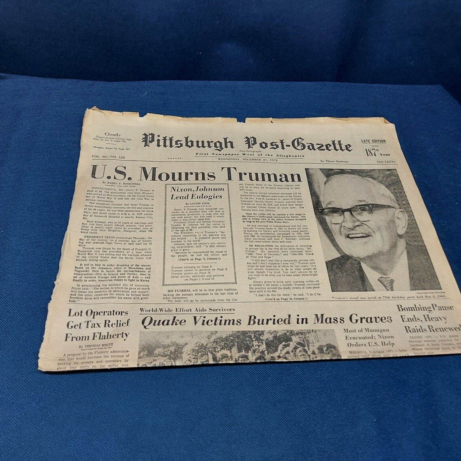 Vintage 1972 December 27, Pittsburgh Post Gazette Newspaper \
