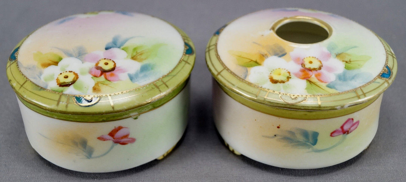 Nippon Hand Painted Wild Roses & Beaded Hair Receiver & Trinket Box 1891 - 1921 Nippon Hand Painted Wild Roses & Beaded Hair Receiver & Trinket Box 1891 - 1921