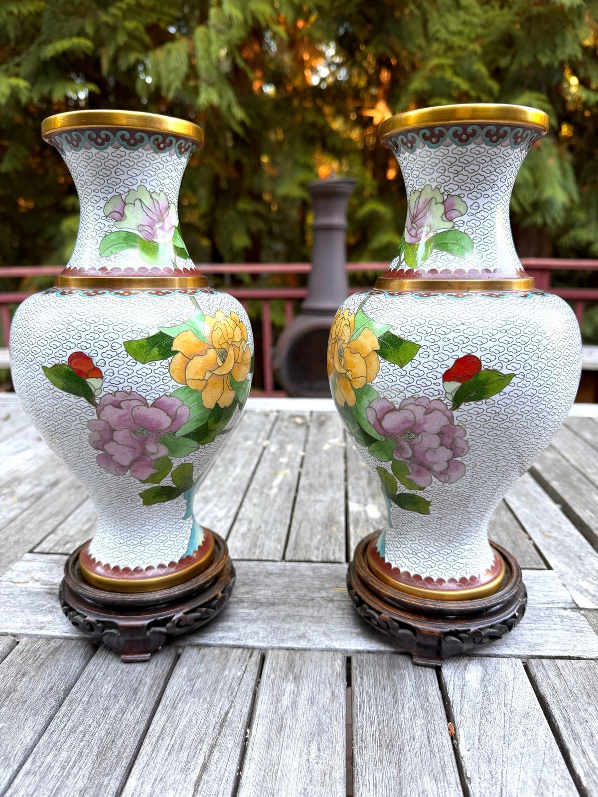 Pair Vintage Chinese Cloisonne Enamel Vases 10\