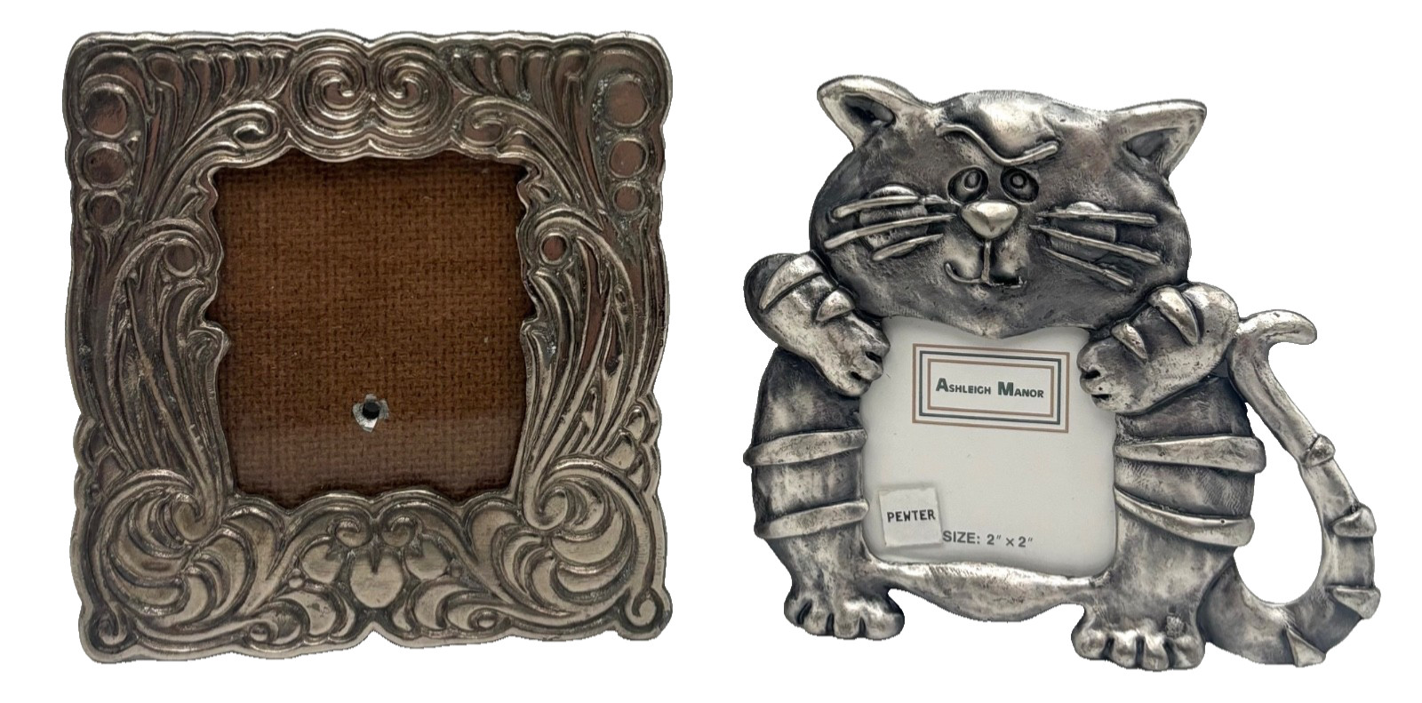 Vintage Pewter Cat Frame & Ornate Scroll Aluminum Pewter Frame Lot *Read Vintage Pewter Cat Frame & Ornate Scroll Aluminum Pewter Frame Lot *Read