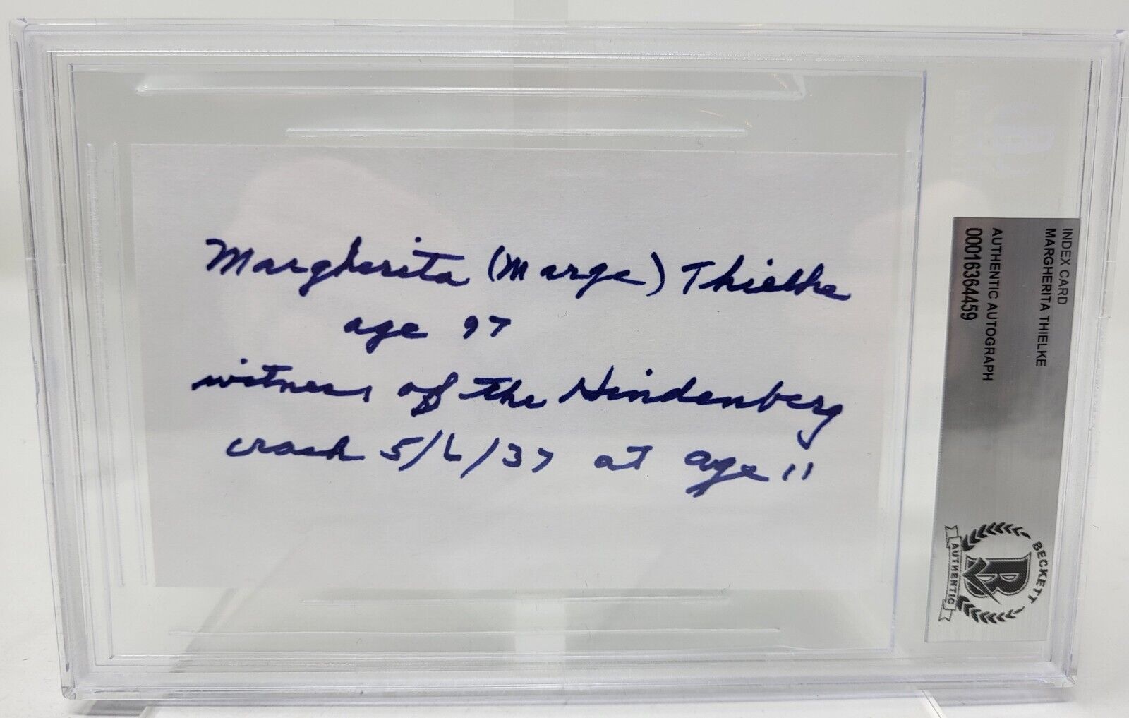 Marge Thielke signed autographed Index Card Slabbed Beckett 1937 Hindenburg