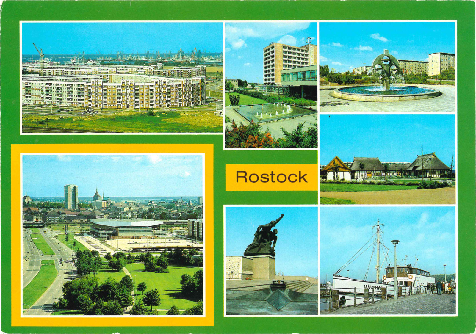 A5 GDR color multi-image postcard of Rostock from 1986, blank A5 GDR color multi-image postcard of Rostock from 1986, blank