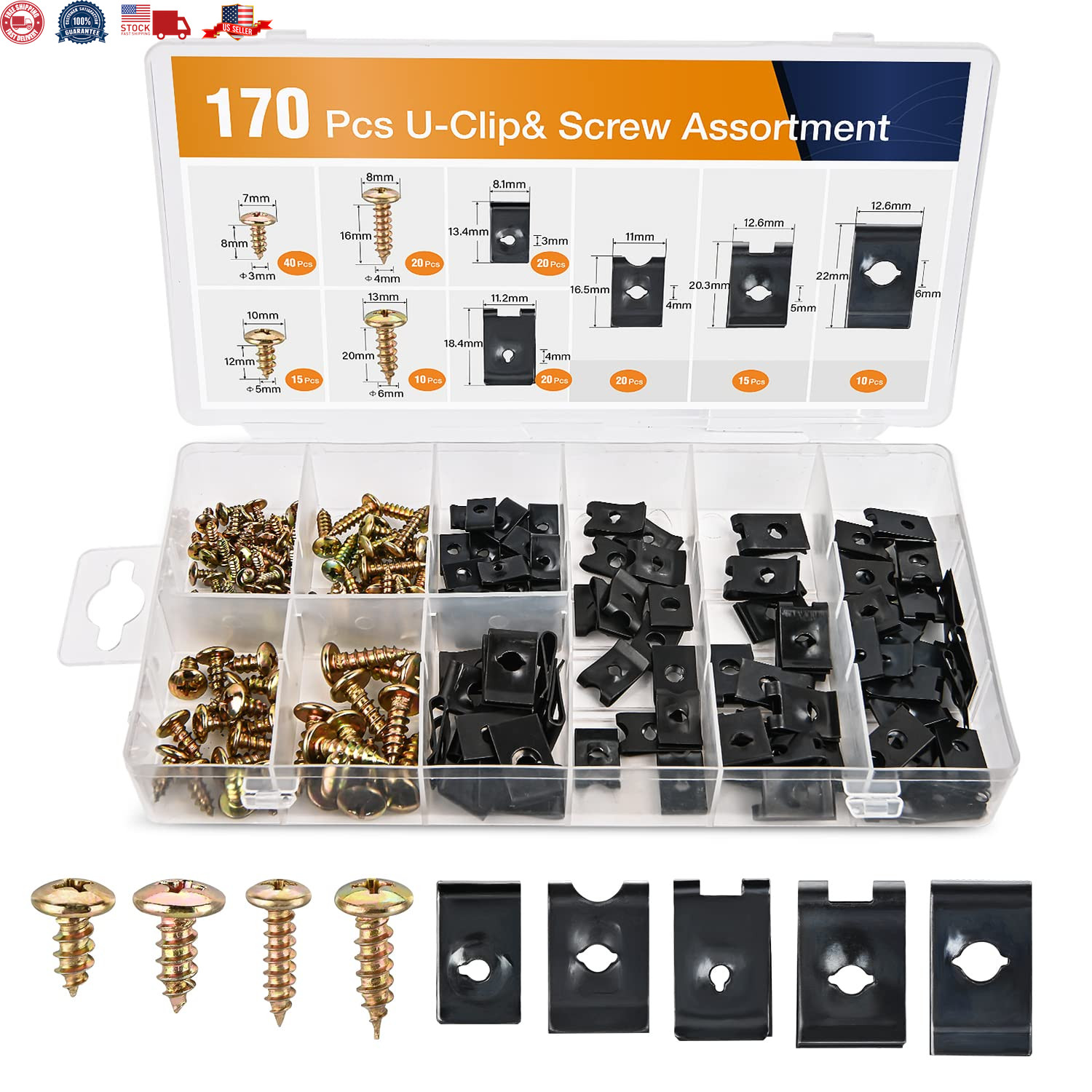 170Pcs Car U-Clip and Screw Assortment Kit 9 Different Sizes Automotive U Nut an