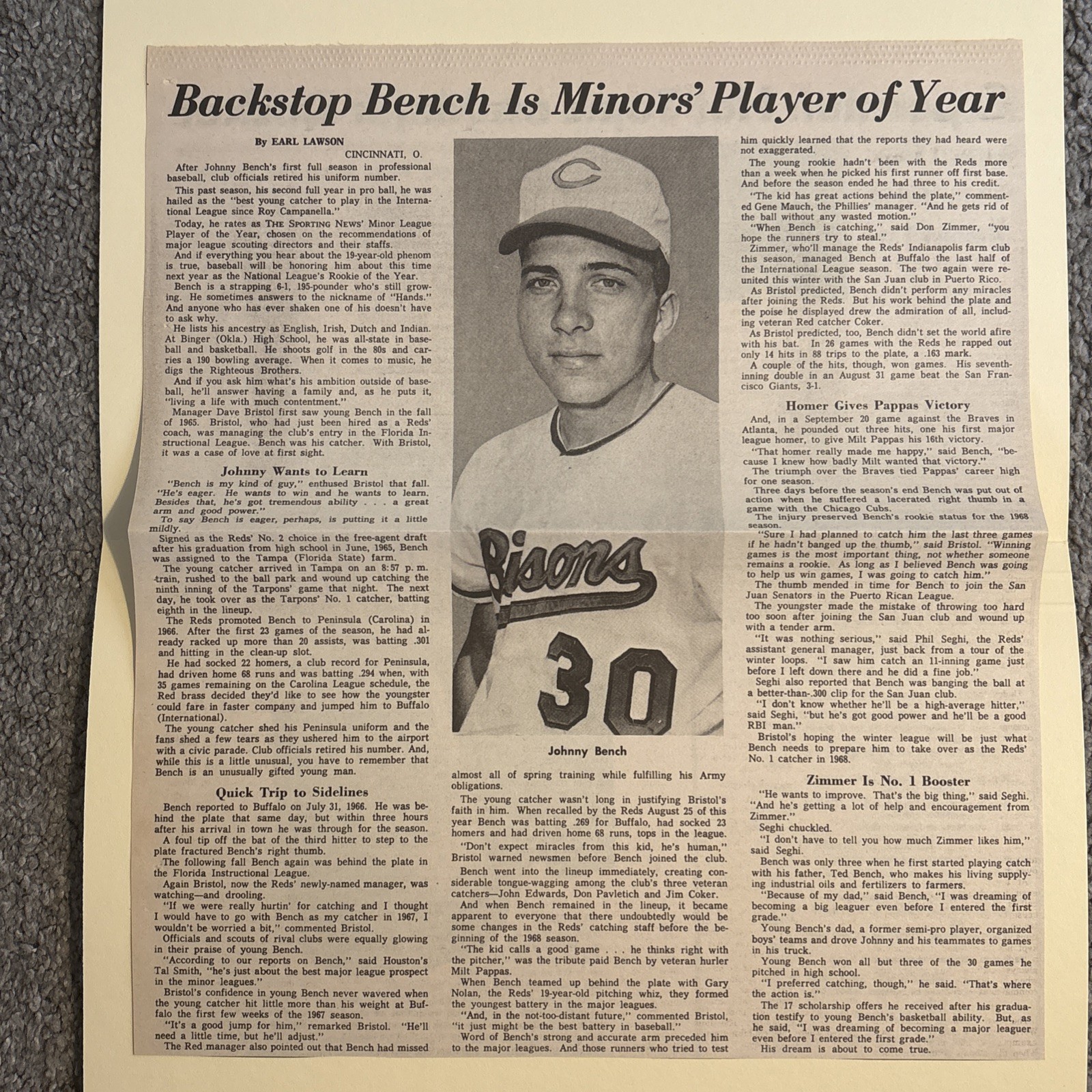 Johnny Bench Buffalo Bisons Reds POY 1967 Sporting News Baseball 11X12 Panel Johnny Bench Buffalo Bisons Reds POY 1967 Sporting News Baseball 11X12 Panel