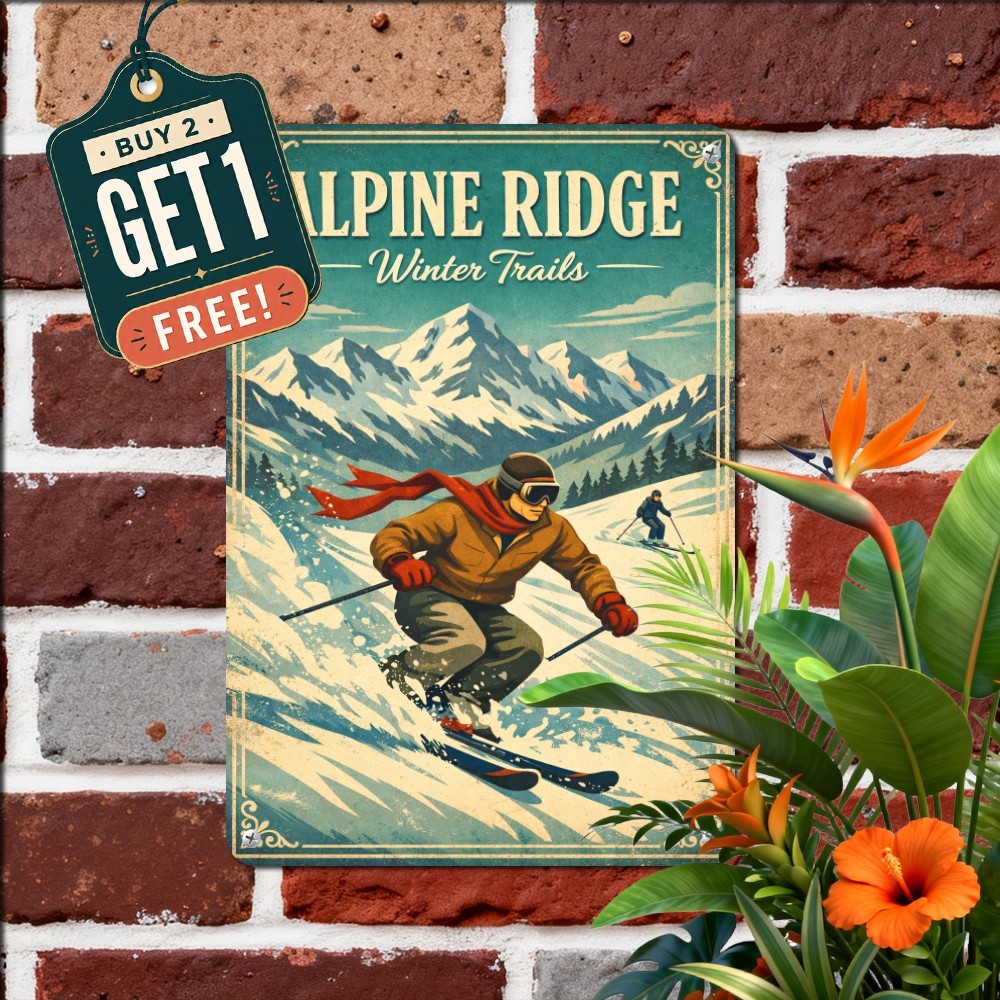 Snowy Alpine Mountain Skier Tin Sign Vintage Winter Sports Metal Wall Plaque