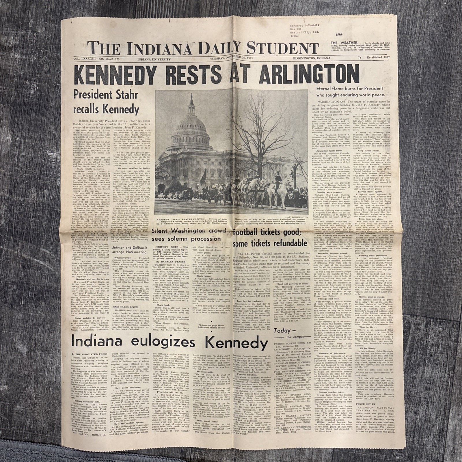 1963 Bloomington Indiana University Daily Student John F. Kennedy Newspaper IU -