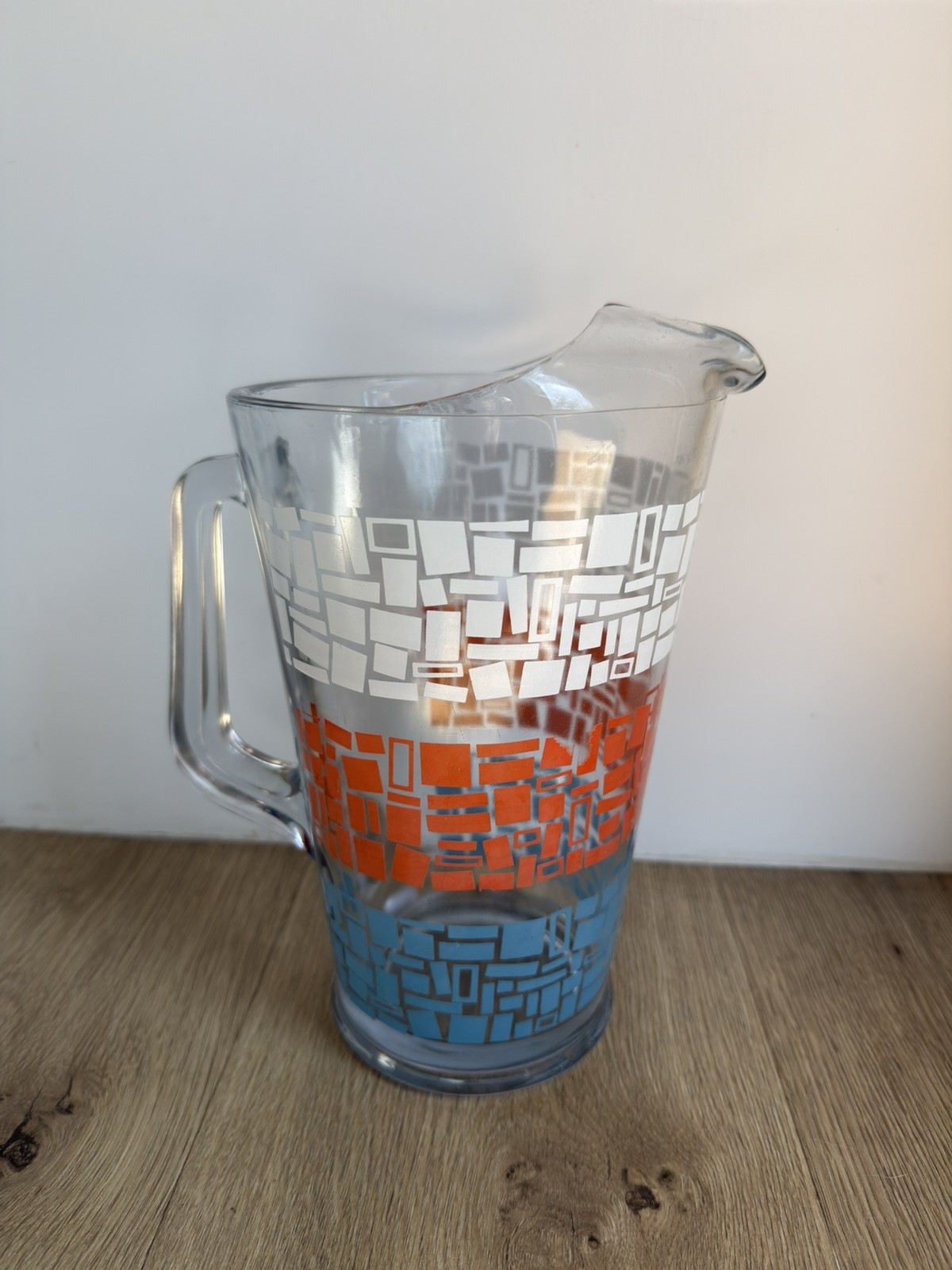 Vintage Retro Mid Century Geometric Block Glass Pitcher | White Blue Orange 70s