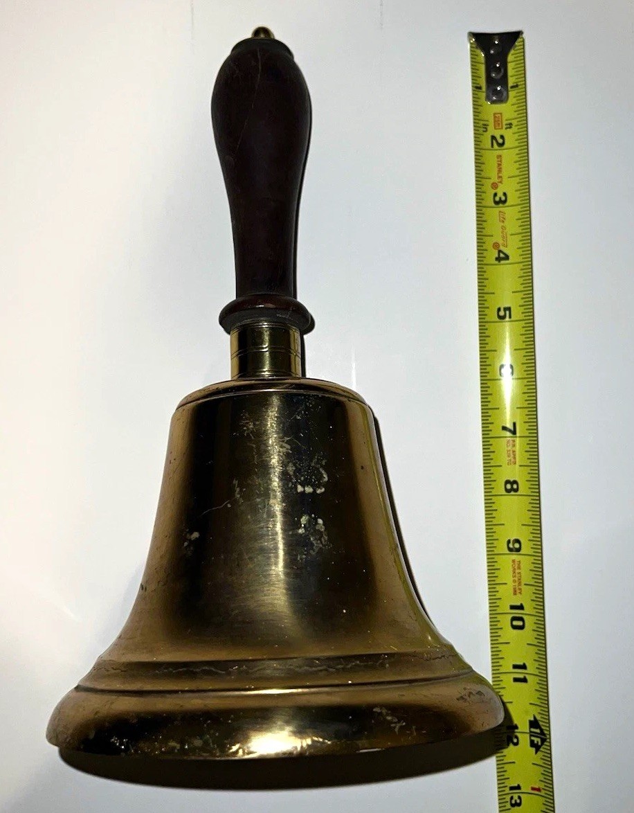 Large Old Brass Metal Hand School Bell w/ Wooden Handle 12 in Tall