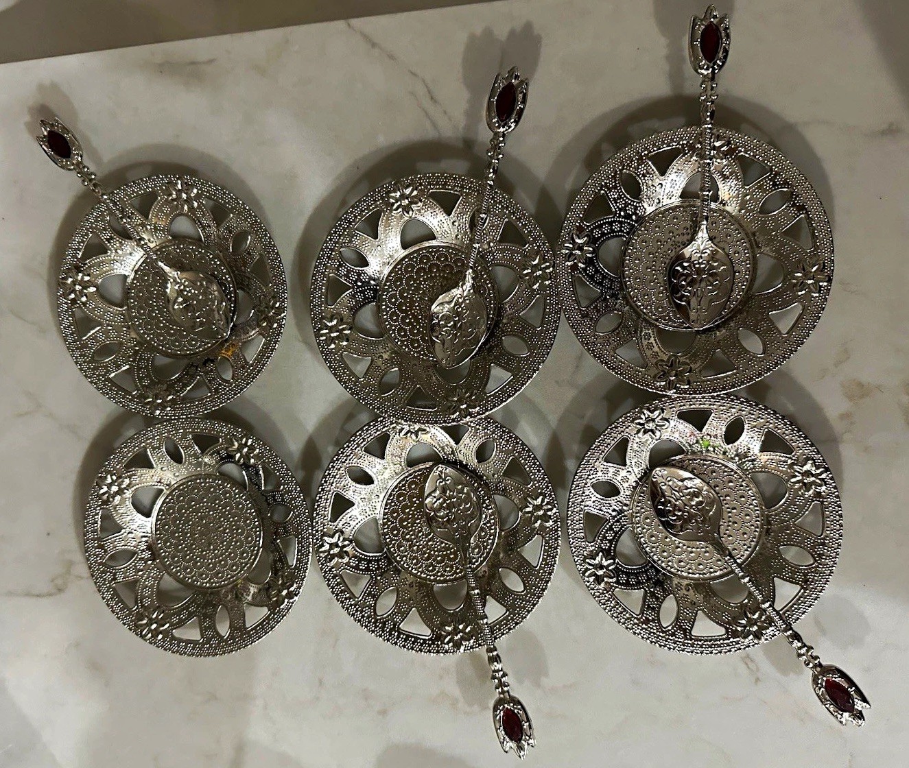 Vintage Acar Turkish Silver Tone Ornate Lattice Coaster Plate Set Made in Turkey Vintage Acar Turkish Silver Tone Ornate Lattice Coaster Plate Set Made in Turkey