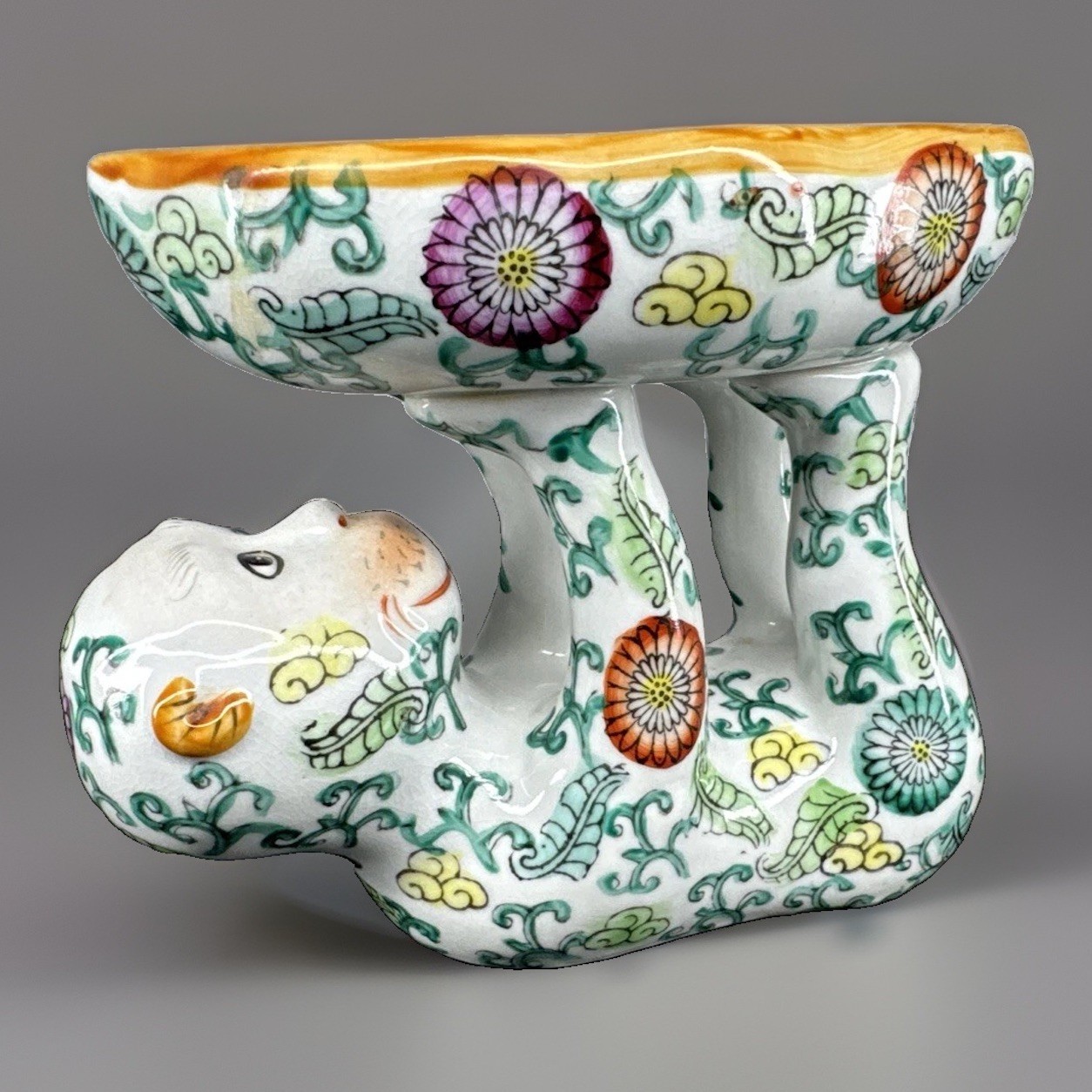 ✨Chinoiserie Oriental Monkey Holding Bowl Soap Dish Hand Painted Ceramic READ✨