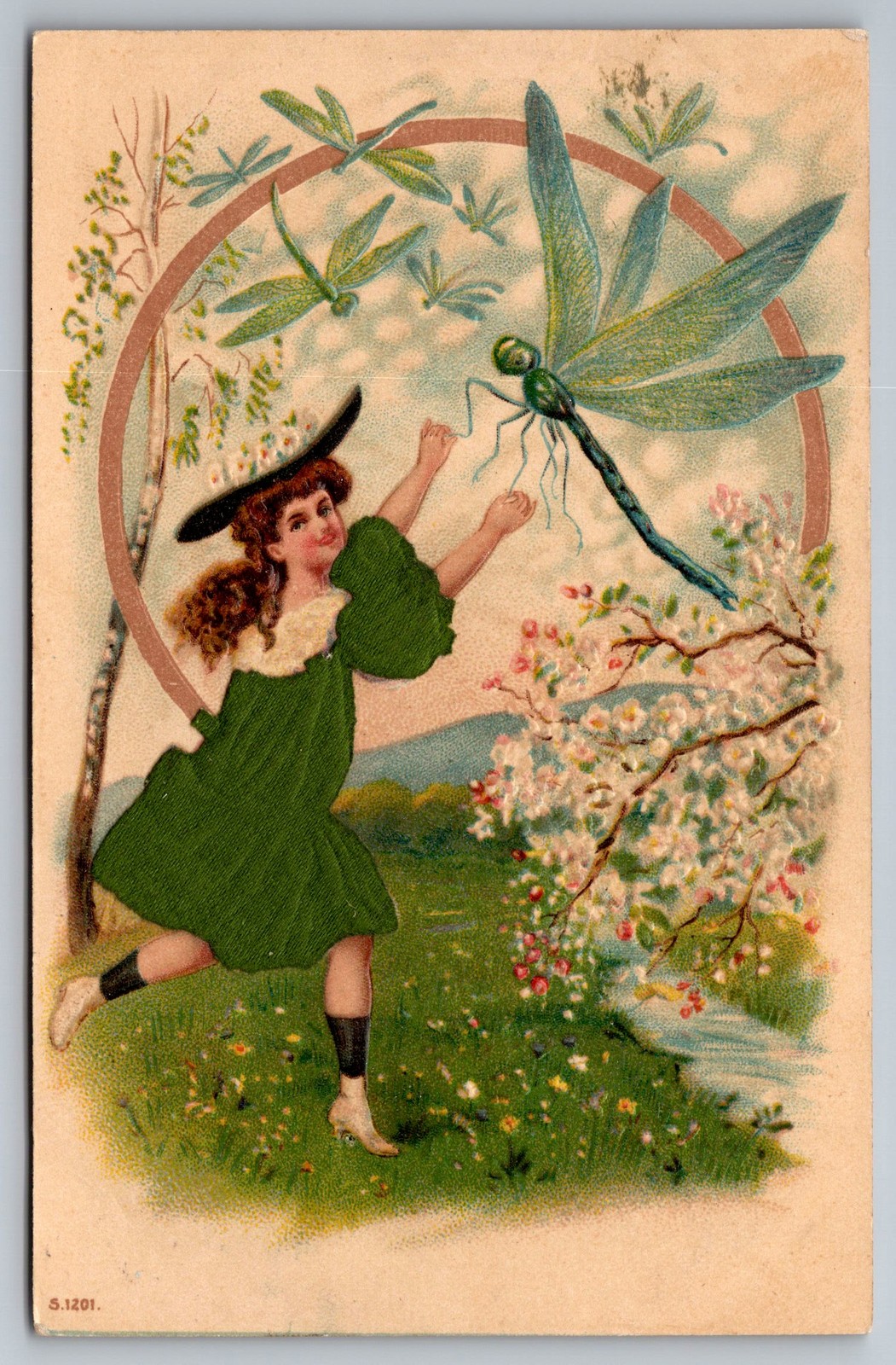 1907 Antique Postcard Girl Chasing Dragonfly Spring Blossoms Idaho Postmark 1907 Antique Postcard Girl Chasing Dragonfly Spring Blossoms Idaho Postmark