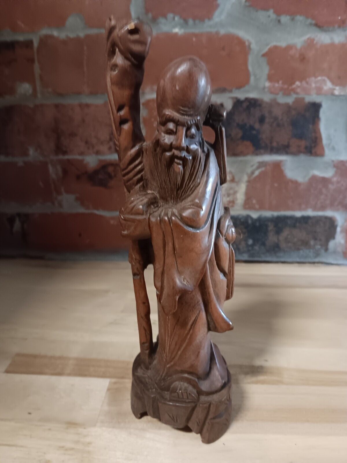 Asian Hand Carved Wooden Logevity Statue 