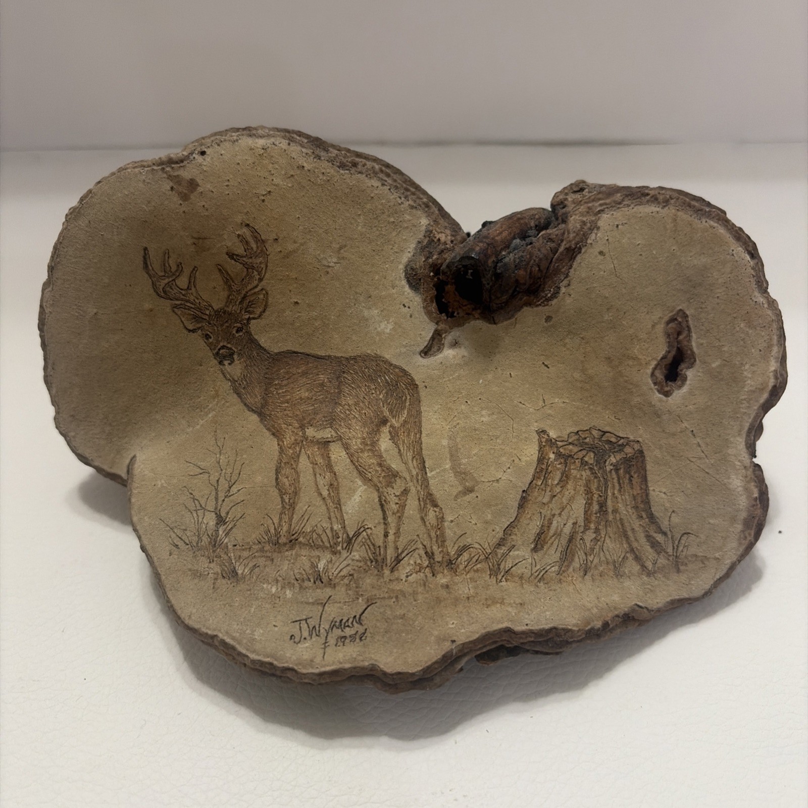 Vintage 1986 Hand Painted Deer Buck Tree Conk Shelf Fungus Folk Art Signed