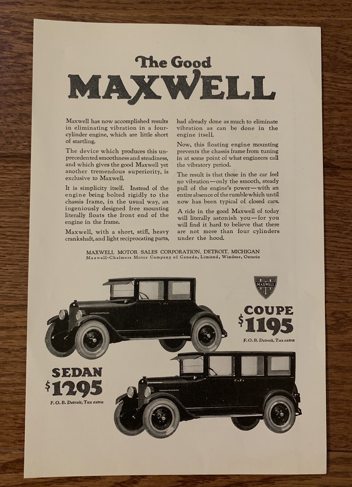 Vintage 1924 Maxwell Car Print Ad Advertisement - 6 3/4” X 9 3/4” Vintage 1924 Maxwell Car Print Ad Advertisement - 6 3/4” X 9 3/4”