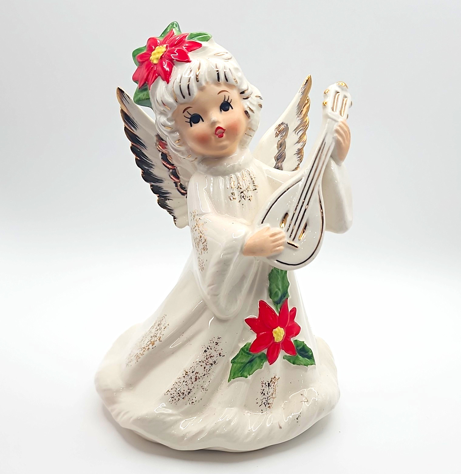 Vtg LEFTON Poinsettia Angel Music Box Figurine Lute Mandolin Japan 1889 MCM Vtg LEFTON Poinsettia Angel Music Box Figurine Lute Mandolin Japan 1889 MCM