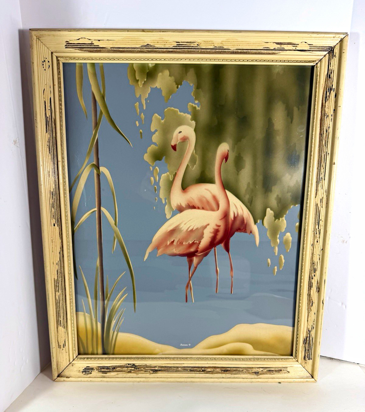 1940s- 50s Turner Flamingos Framed Art Print Distressed Wood Frame Mid-Century 1940s- 50s Turner Flamingos Framed Art Print Distressed Wood Frame Mid-Century