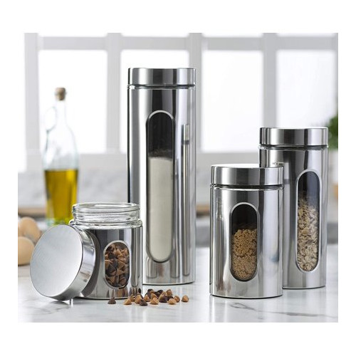 Le'raze 4pc SS Canister Set for Kitchen Counter w/ Glass Window & Airtight Lids Le'raze 4pc SS Canister Set for Kitchen Counter w/ Glass Window & Airtight Lids