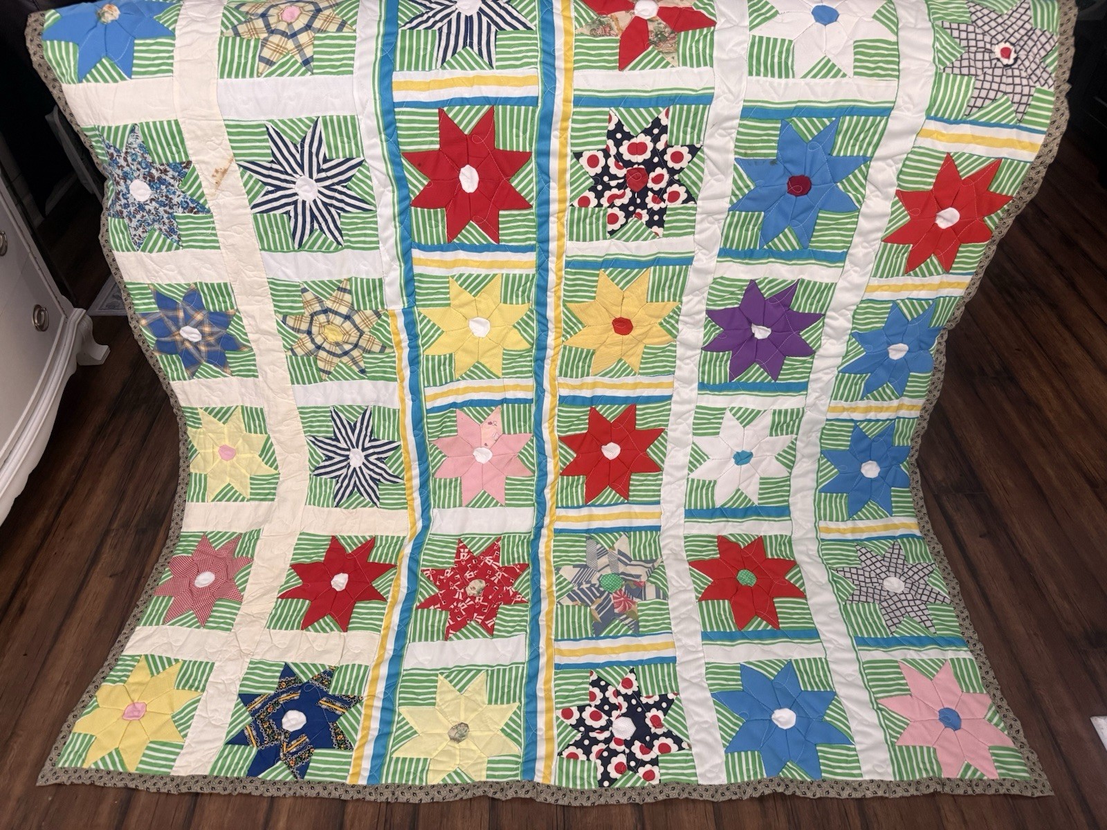 VTG Handmade Patchwork Quilt Floral Star Striped Pattern Boho Farmhouse 70x78