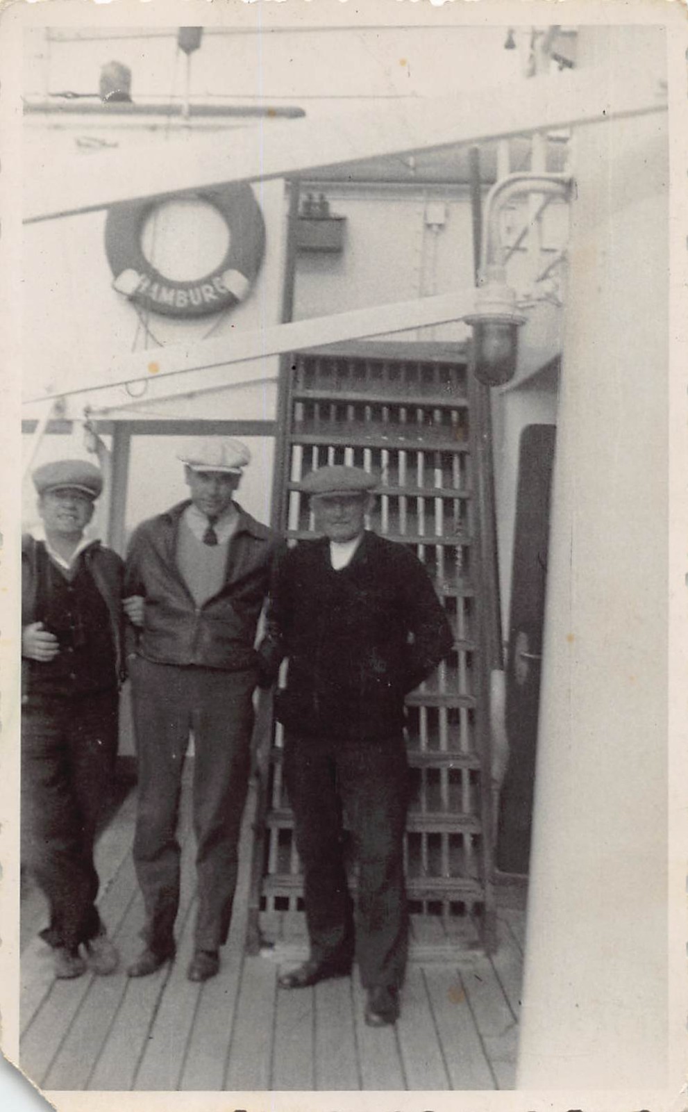 RPPC SS Hamburg Deck Life Ring 1920s Postcard Steps Men Flat Caps Jacket Sea Day RPPC SS Hamburg Deck Life Ring 1920s Postcard Steps Men Flat Caps Jacket Sea Day