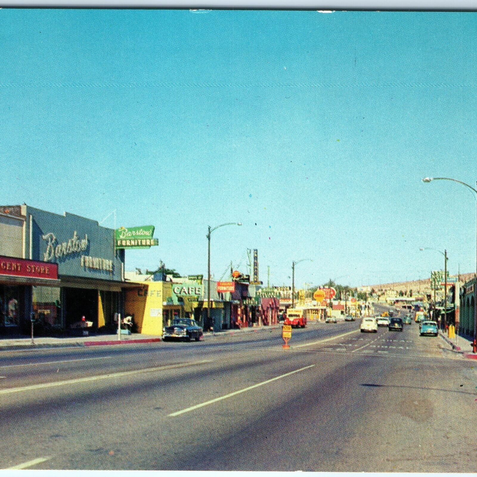 c1950s Barstow, CA Downtown Route 66 Postcard Main St Merle Porter Shell Oil A91