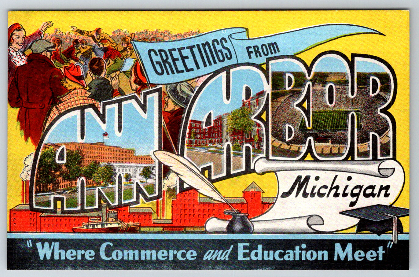 c1940s Ann Arbor Michigan Greetings Postcard Linen c1940s Ann Arbor Michigan Greetings Postcard Linen