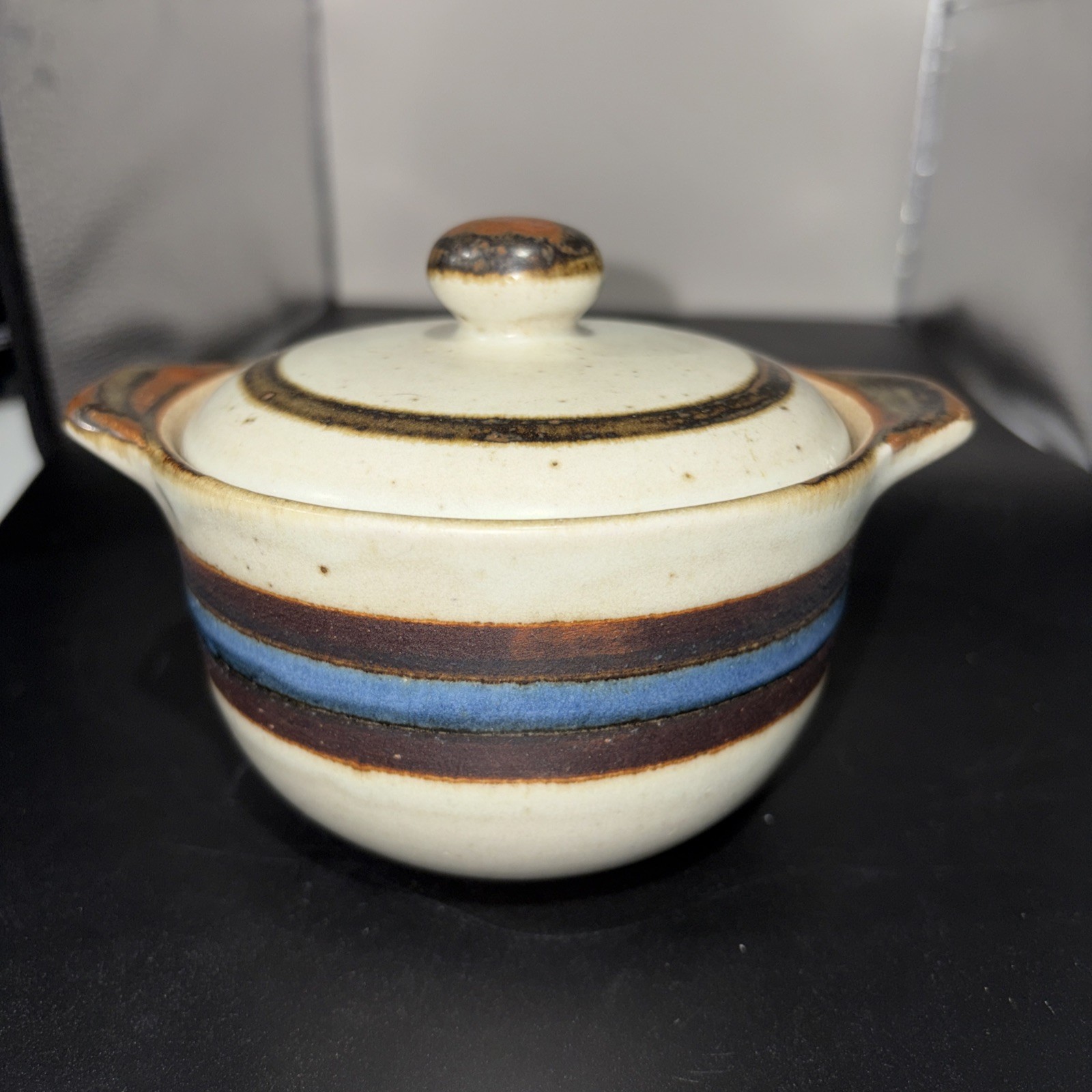 Vintage Otagiri Horizon Sugar Bowl with Lid Blue Brown Stripe and Speckled Japan Vintage Otagiri Horizon Sugar Bowl with Lid Blue Brown Stripe and Speckled Japan