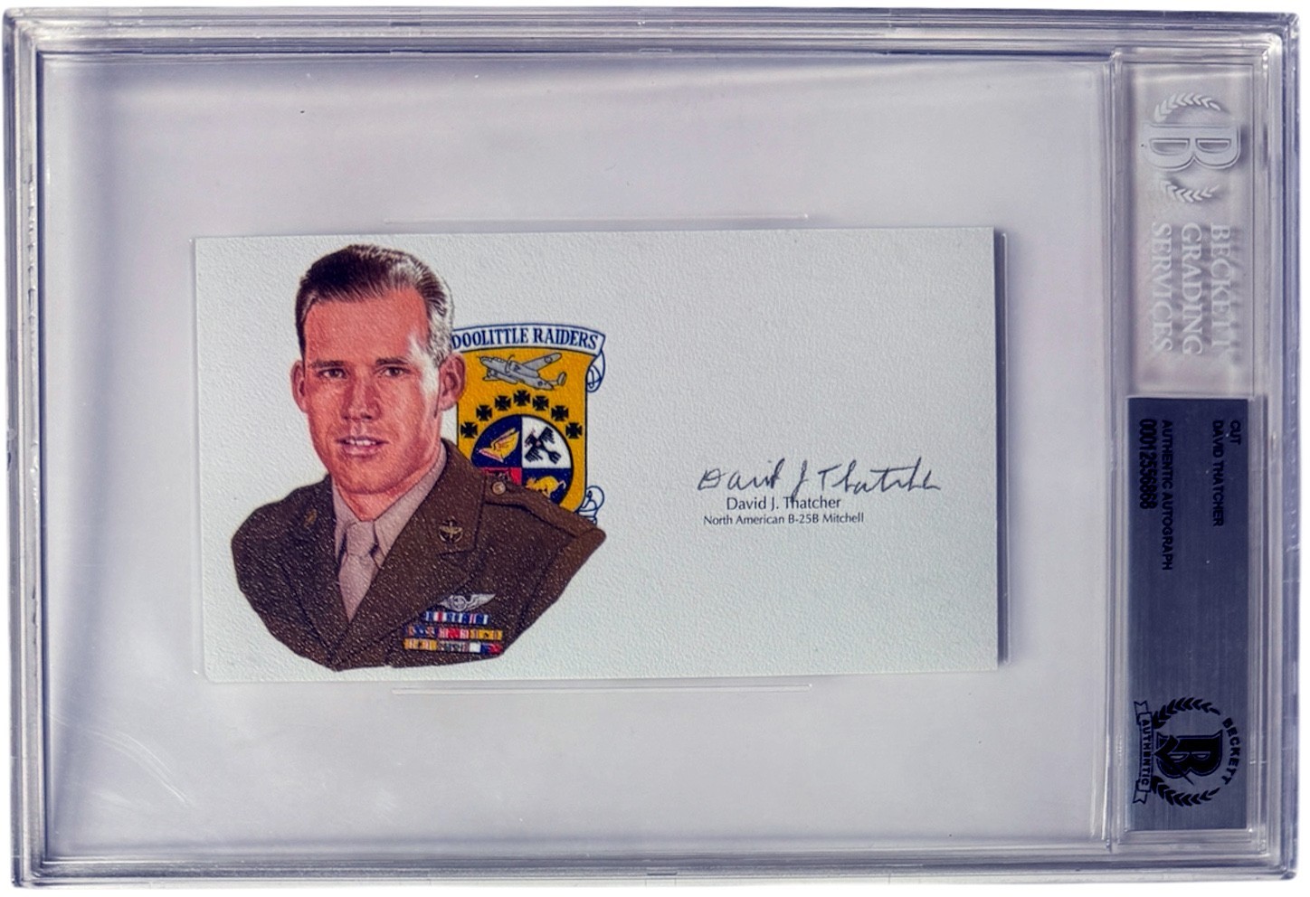 David Thatcher signed Doolittle Raiders 3”x5.5” cut sig–BAS/Beckett Encapsulated