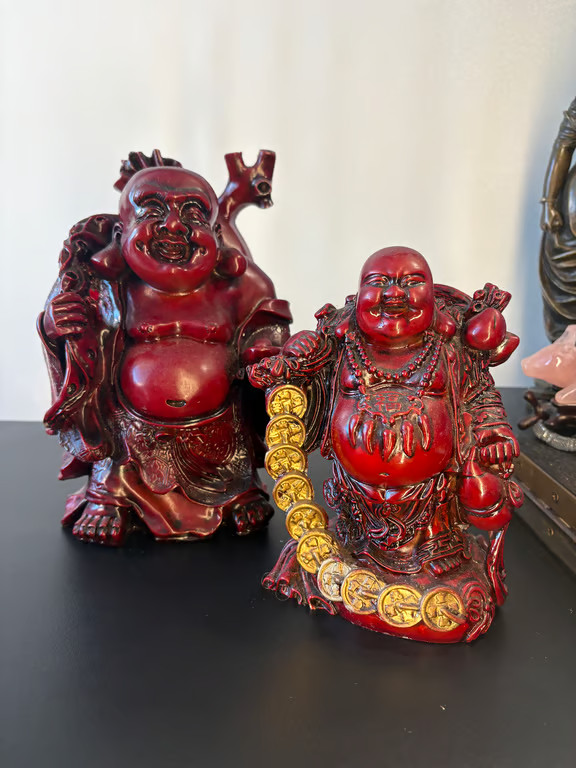 Laughing Buddha Figures Set of 2 Red Resin Budai Hotei Money Bag Coins Feng Shui