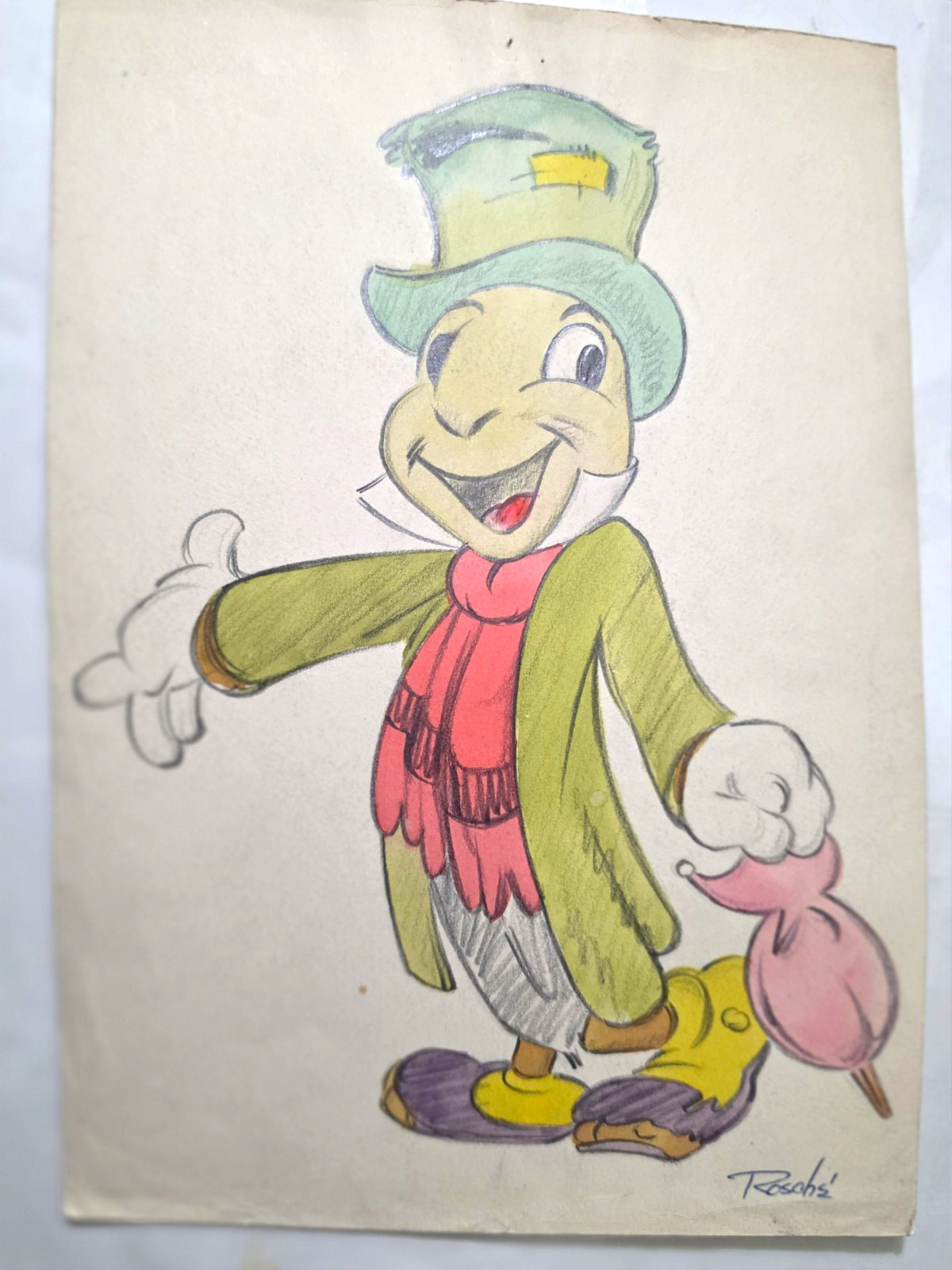Disney Jiminy Cricket Pinocchio 1940s Original Signed Robert Roschè Drawing Disney Jiminy Cricket Pinocchio 1940s Original Signed Robert Roschè Drawing