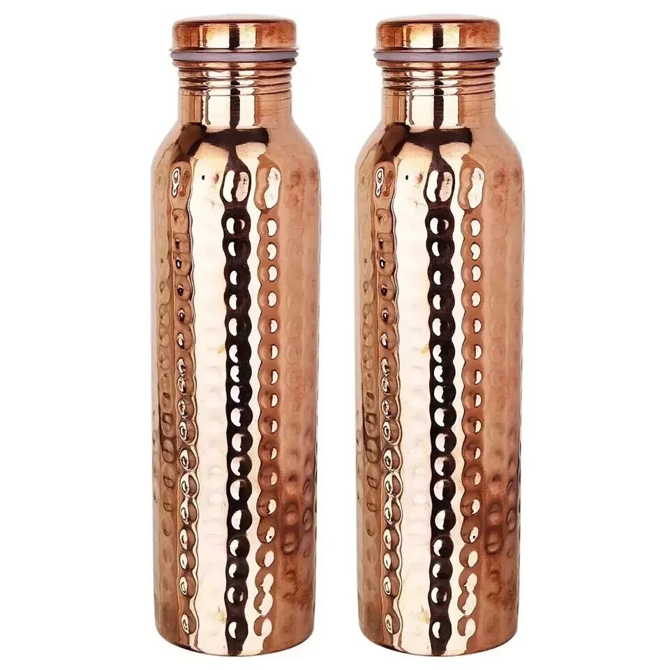 Pure Copper Water Bottle For Ayurveda Health Benefits 1000ml Set of 2 Hammered Pure Copper Water Bottle For Ayurveda Health Benefits 1000ml Set of 2 Hammered