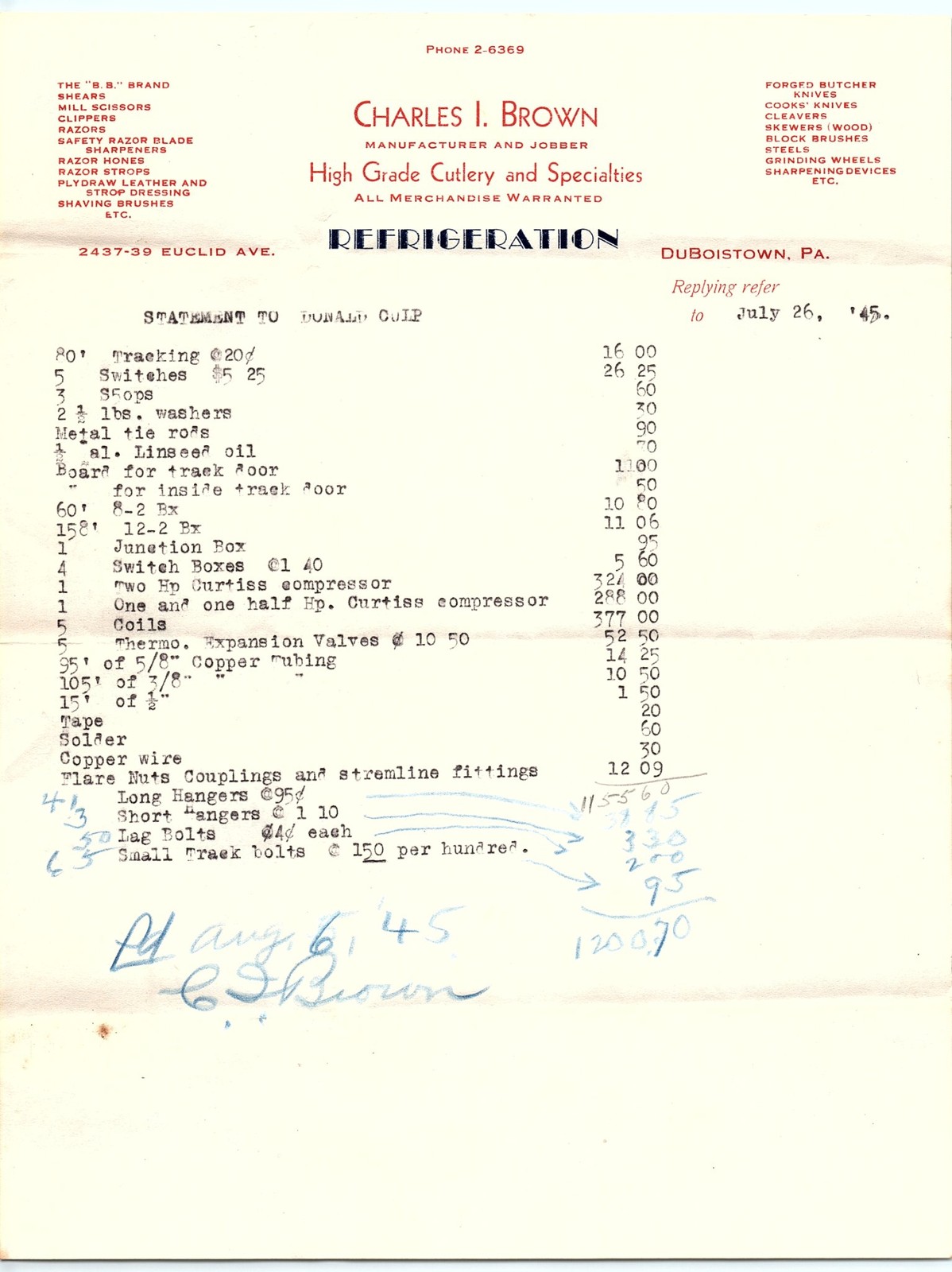 1945 Charles I. Brown Duboistown PA Refrigeration Billhead 1945 Charles I. Brown Duboistown PA Refrigeration Billhead