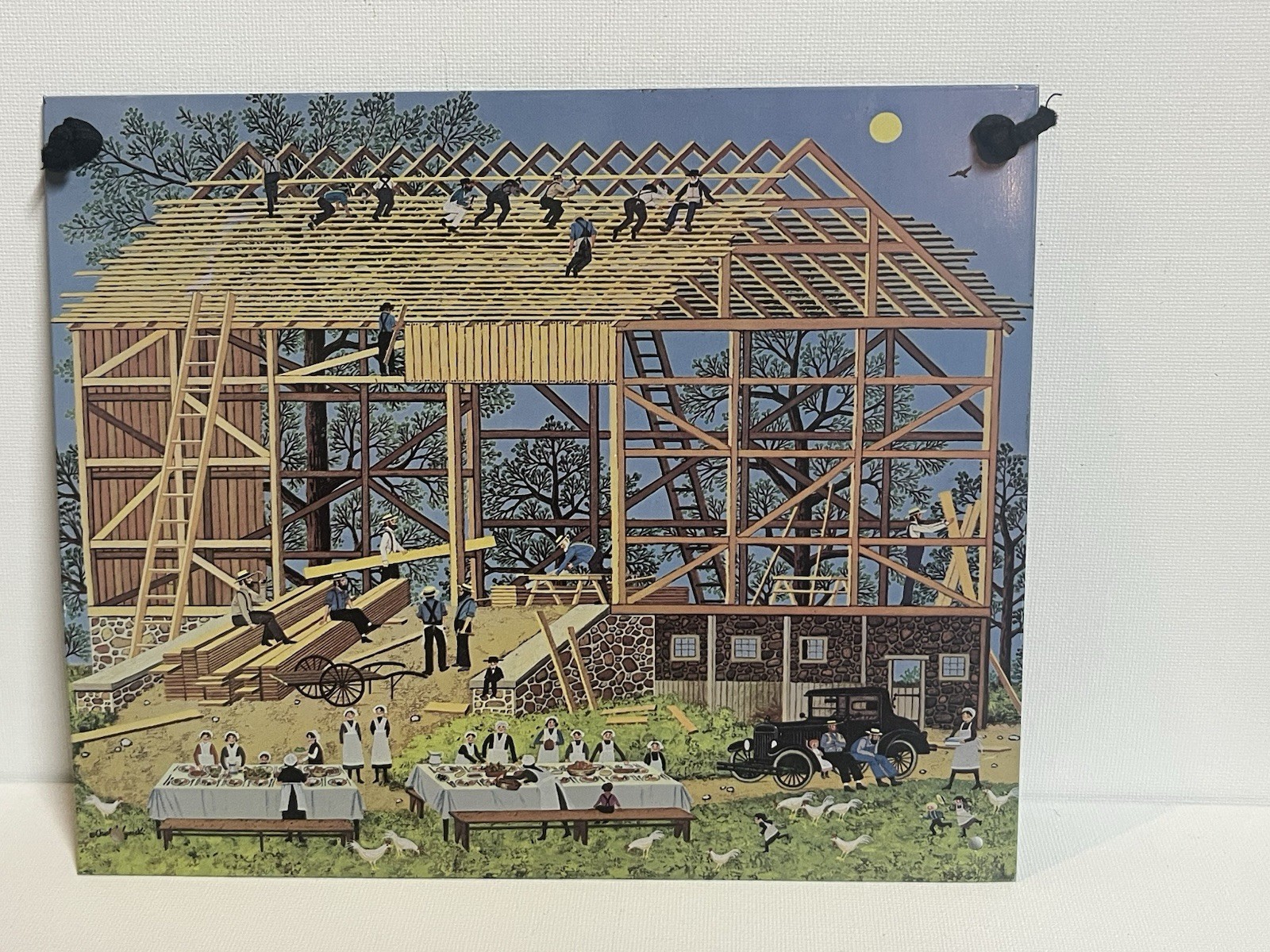 Vintage 1975 Amish Barn Raising Building Tin Metal Sign Art By AMCAL LICENSING Vintage 1975 Amish Barn Raising Building Tin Metal Sign Art By AMCAL LICENSING