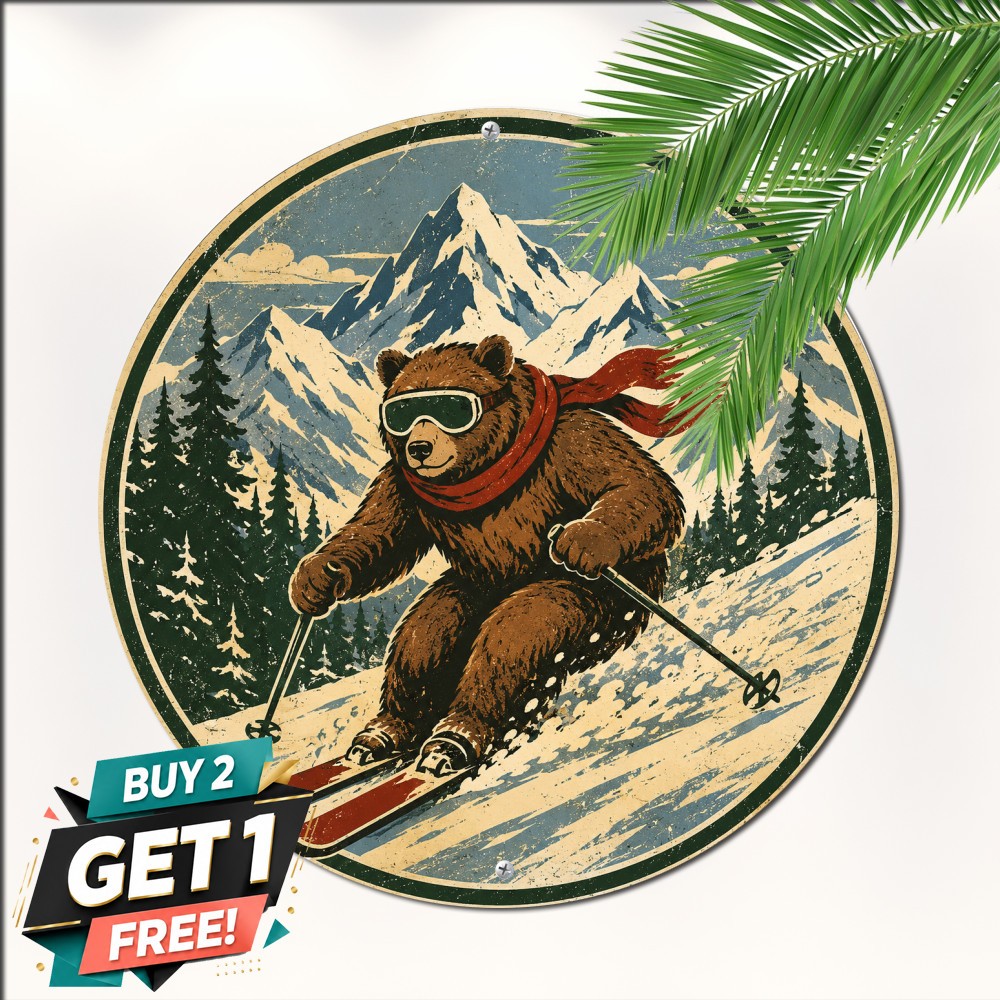Winter Mountain Skiing Bear Adventure Round Metal Sign Retro Sport Wall Tin Art