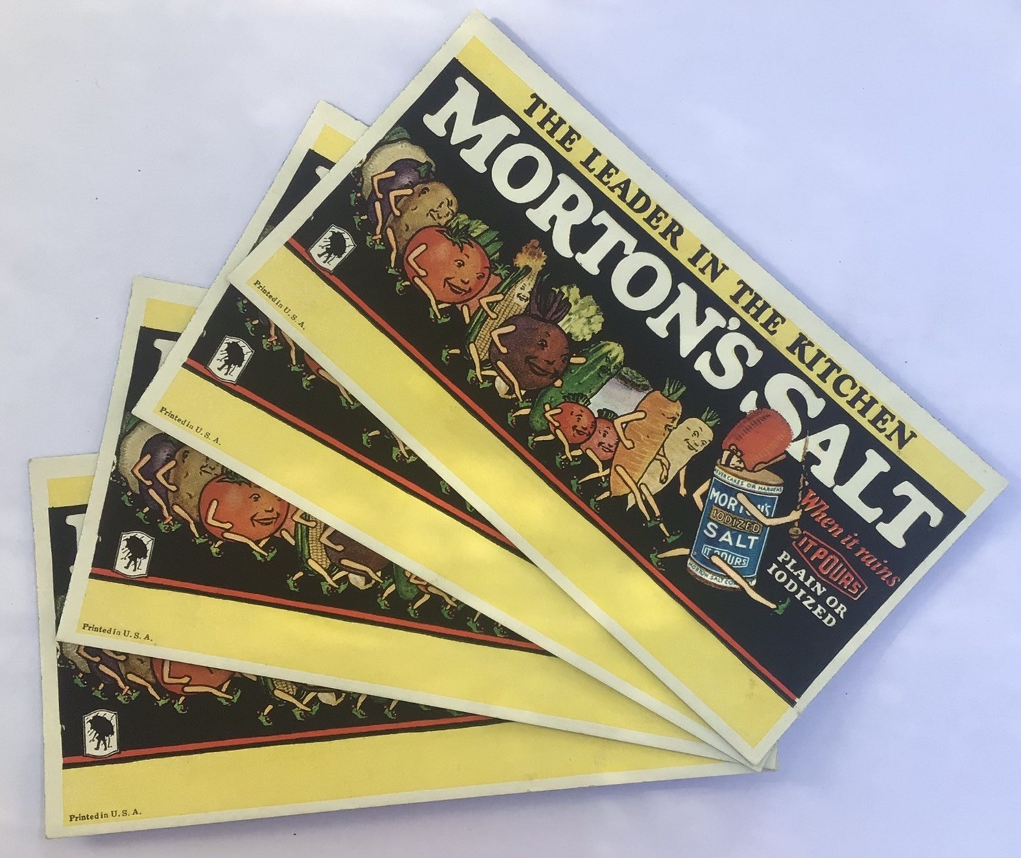 Vintage 1920s Mortons Salt 4 Ink Blotters NOS Vegetable Parade Ad 6.25”x3.25”