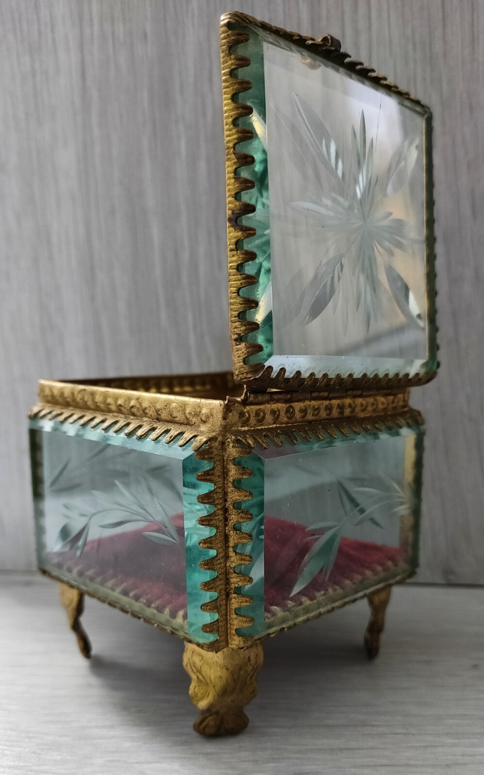 Antique Vintage Soviet Beveled Glass & Gilt Metal Jewelry Casket Trinket Box Antique Vintage Soviet Beveled Glass & Gilt Metal Jewelry Casket Trinket Box