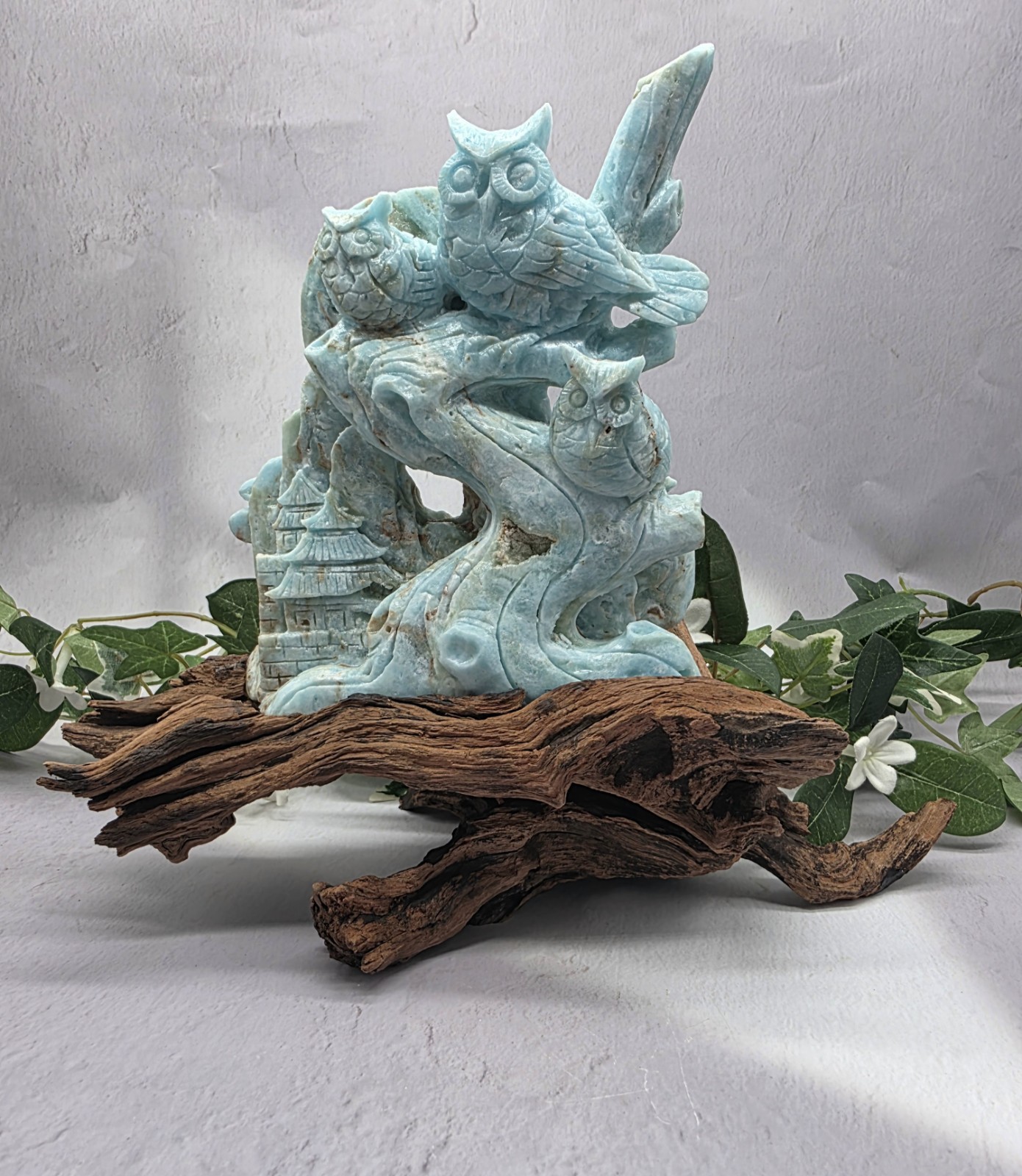 Large Hemimorphite Owl Family Carving on Natural Wood Root Stand, Blue Crystal 
