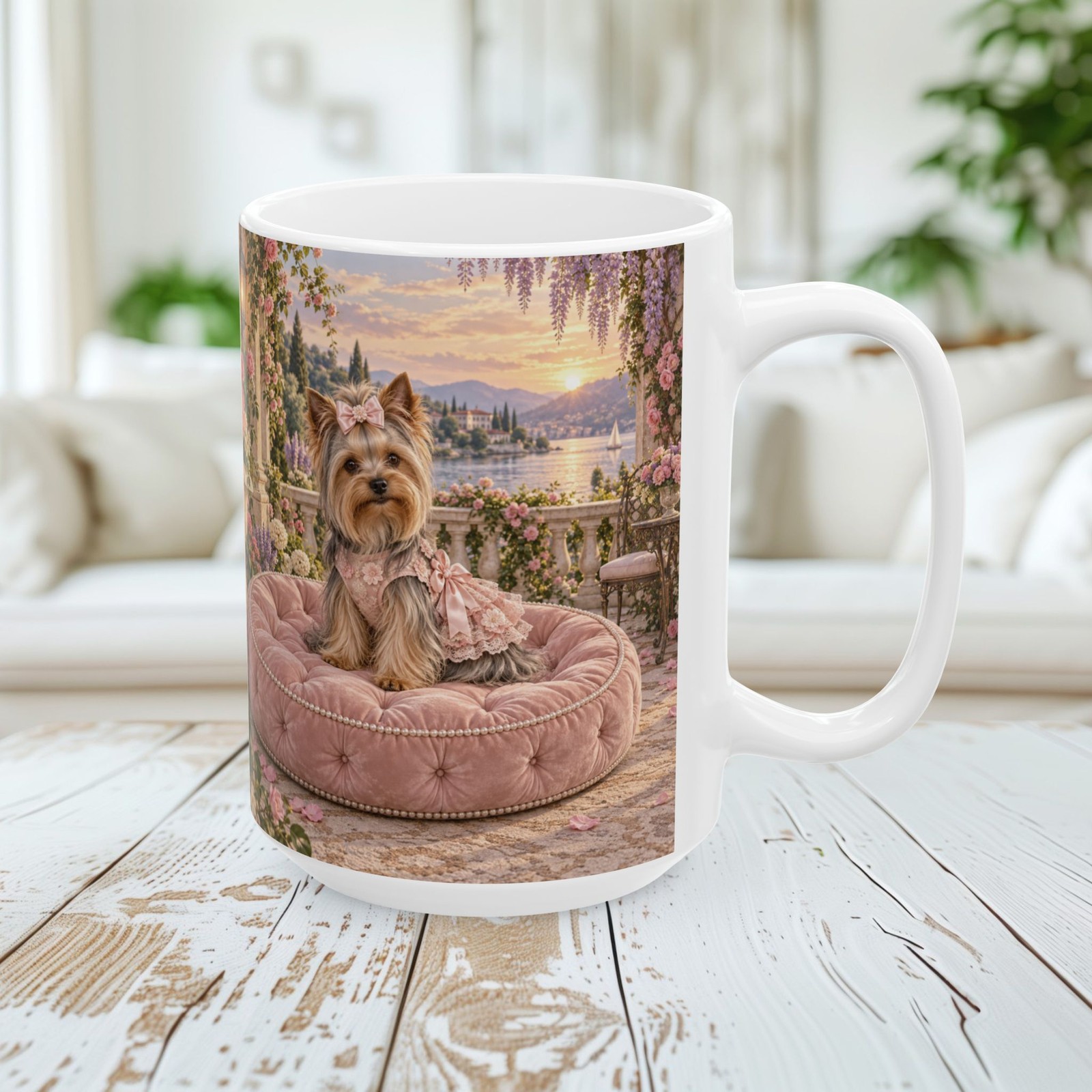 Yorkie Princess Mug 15oz Ceramic Coffee Cup Pink Luxury Dog Bed