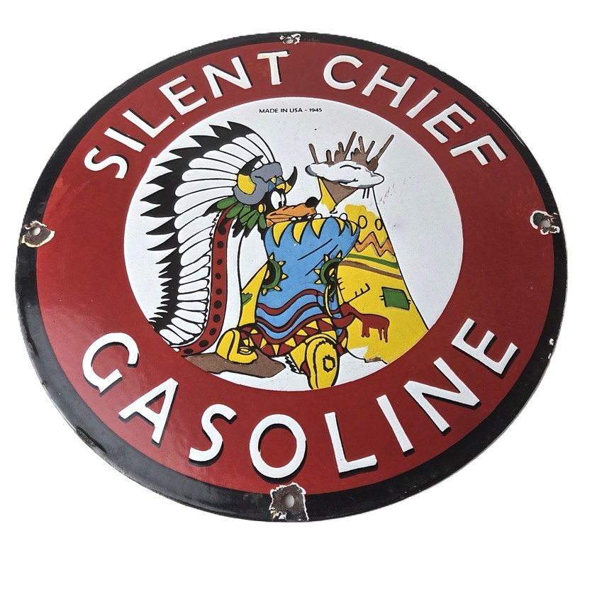 Vintage Silent Chief Gasoline Sign - Indian Bonnett Blanket Teepe Porcelain Sign Vintage Silent Chief Gasoline Sign - Indian Bonnett Blanket Teepe Porcelain Sign