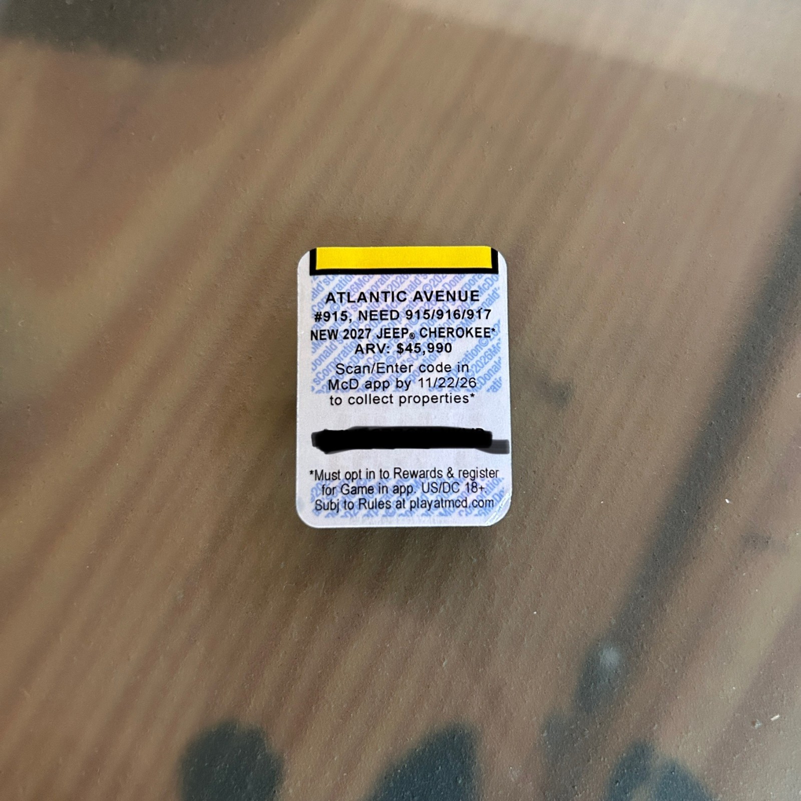 2026 McDonald\'s Monopoly Piece - ATLANTIC AVENUE (UNREDEEMED) 2026 McDonald\'s Monopoly Piece - ATLANTIC AVENUE (UNREDEEMED)