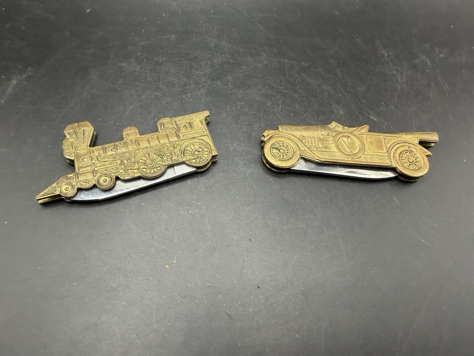 Lot of 2 Vintage Solid Brass Novelty Pocket Knives Steam Train & Vintage Car