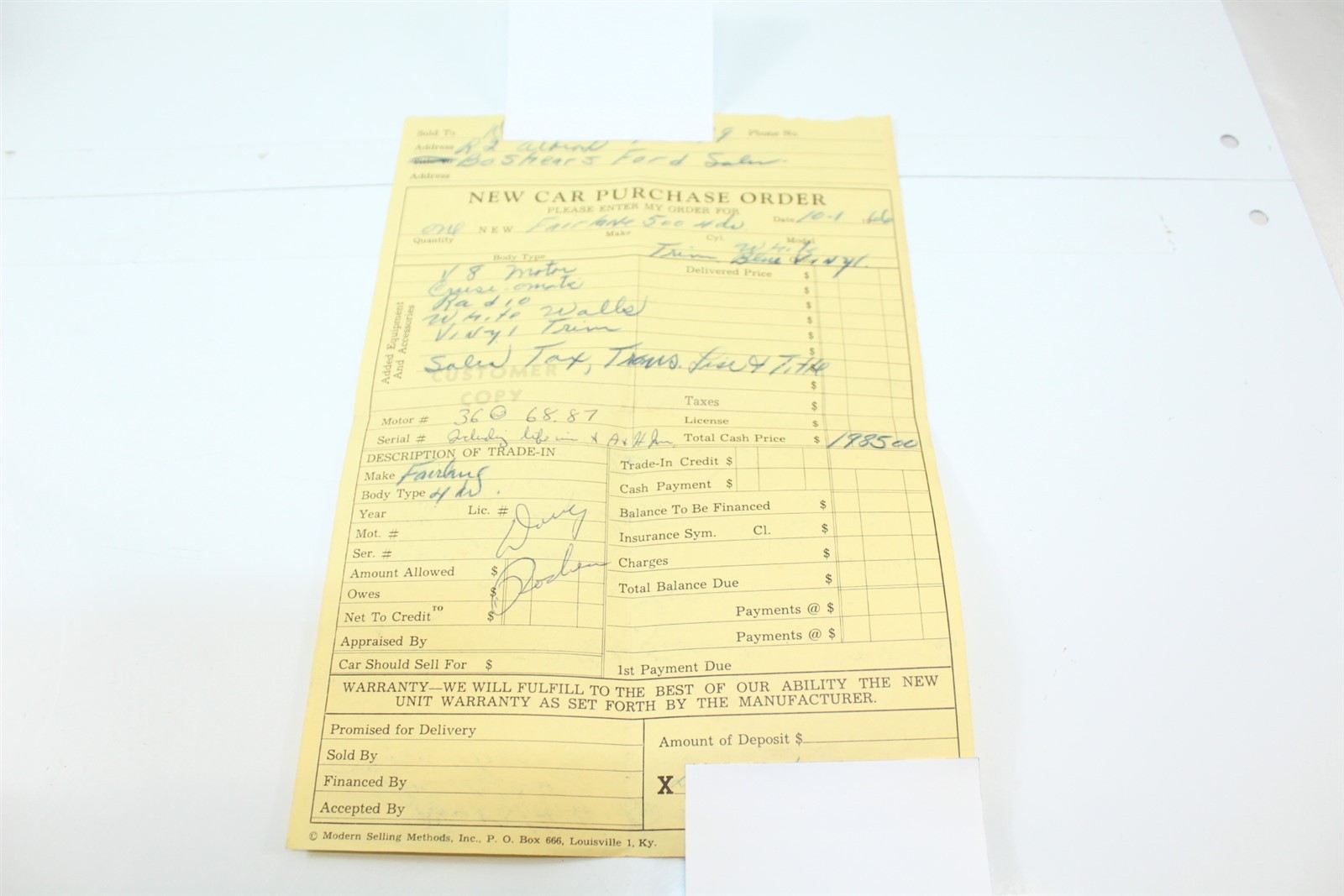 Vintage 1966 New Car Purchase Order Carbon Copy 4 Door Fairland 500 Vintage 1966 New Car Purchase Order Carbon Copy 4 Door Fairland 500