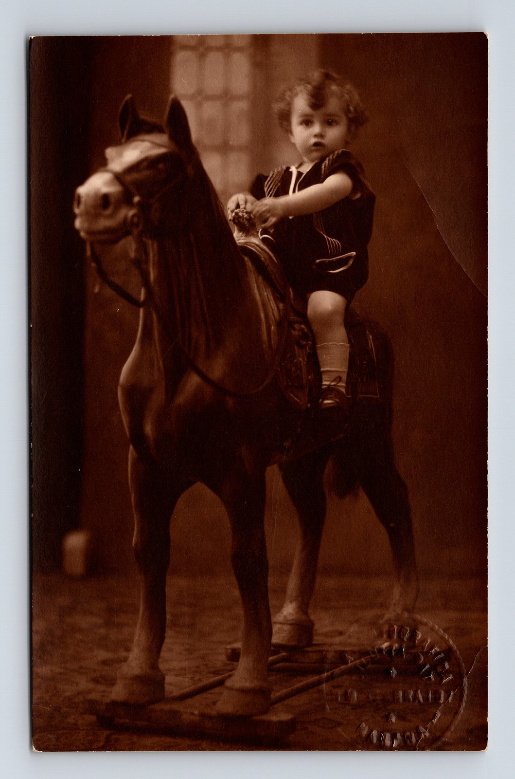 1926 RPPC Young Boy or Girl on Toy Horse From Richard Perkins Milian Postcard