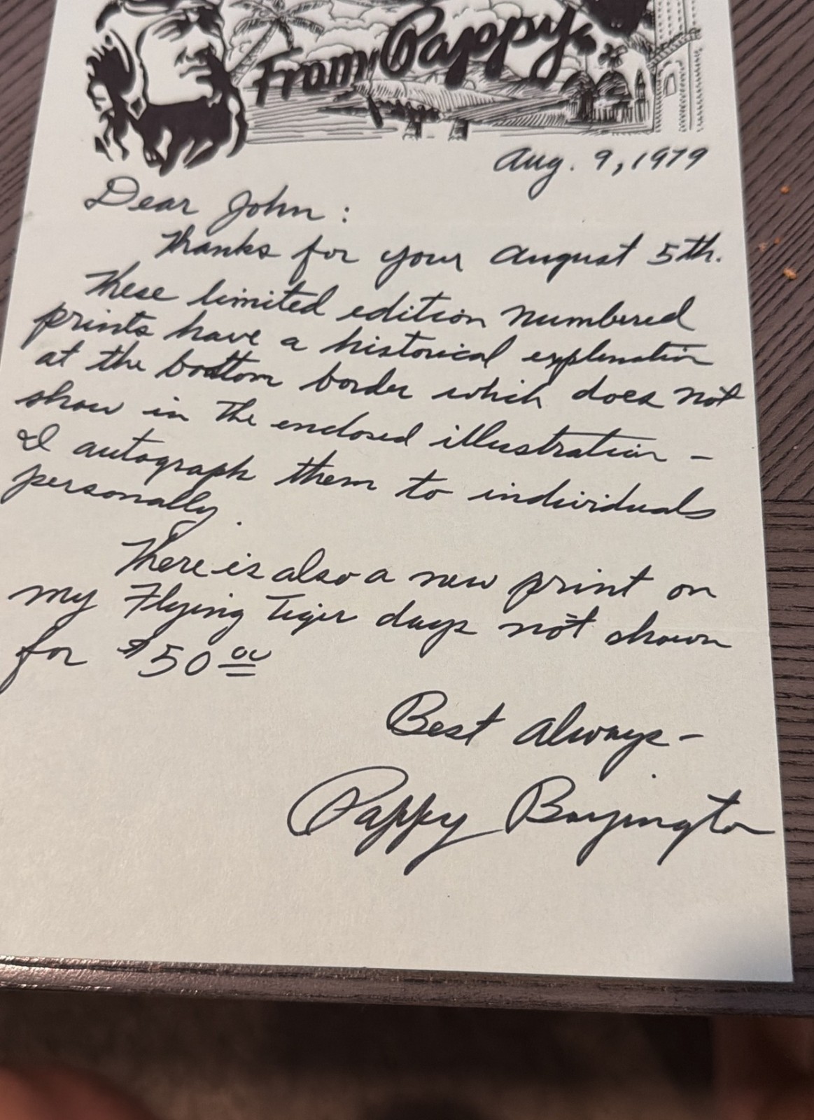 Pappy Boyington Handwritten Signed Letter 1979 VMF-214 Black Sheep Ace WWII Pappy Boyington Handwritten Signed Letter 1979 VMF-214 Black Sheep Ace WWII