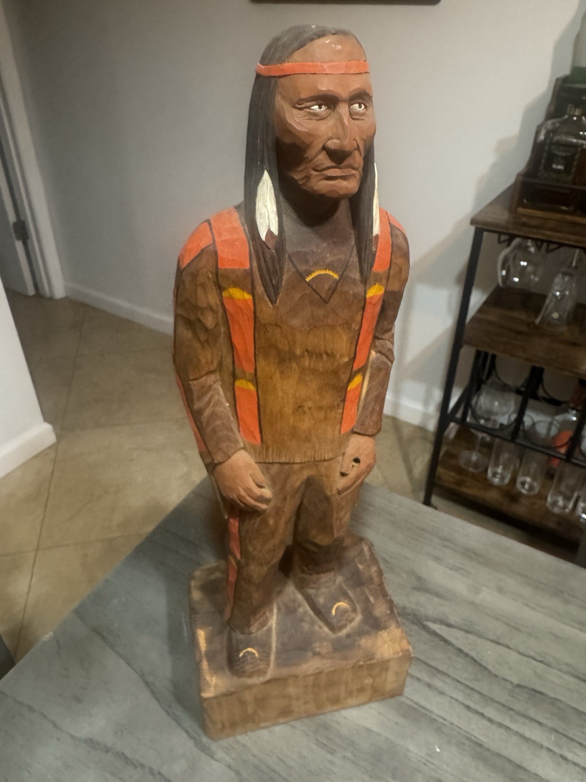 Charles Widmer Carved Wood Native American Man Scout Chief 19” Tall Vintage