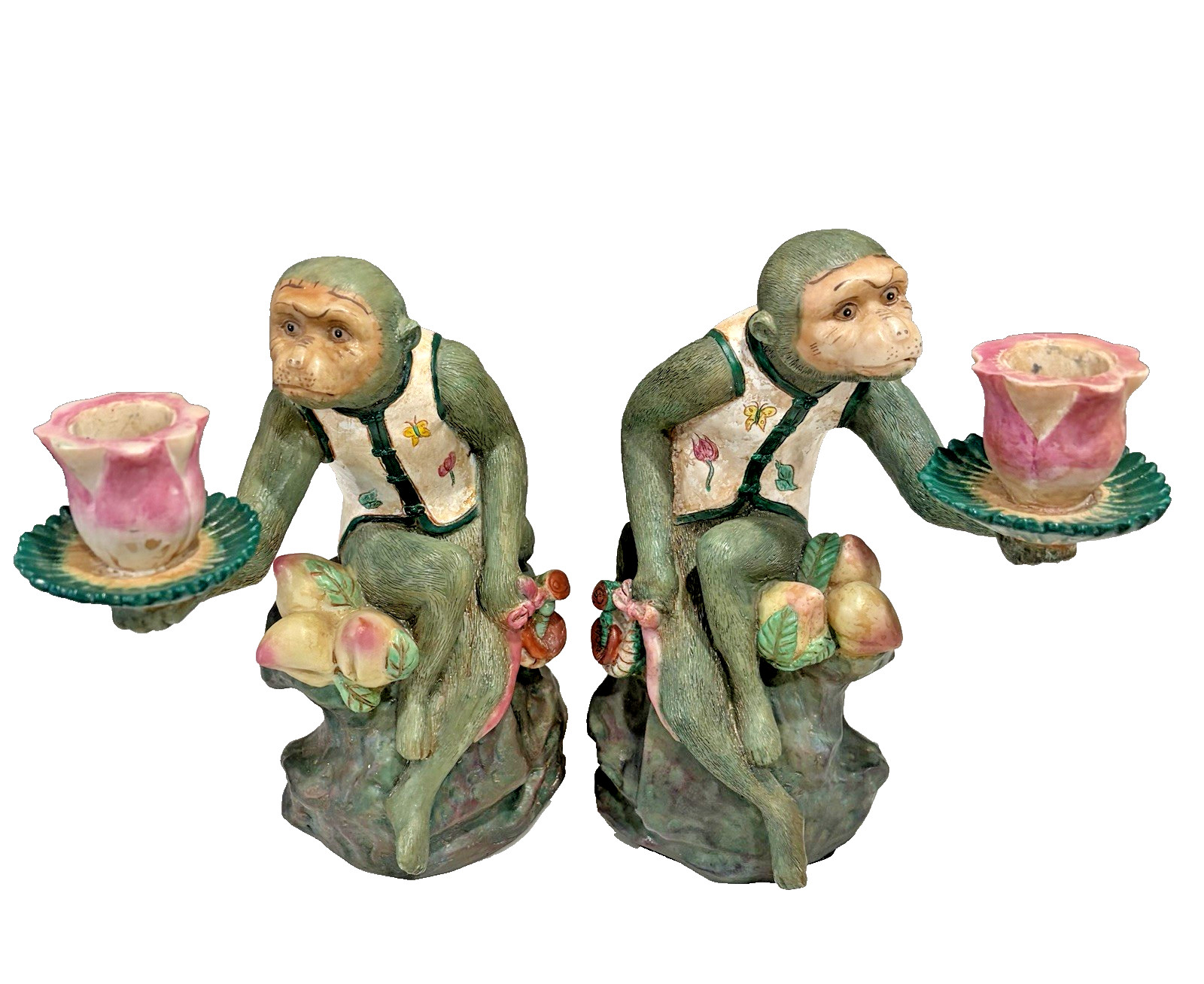 Vintage Chinoiserie Grandmillennial Monkey Flower Candle Holders Set of 2 Vintage Chinoiserie Grandmillennial Monkey Flower Candle Holders Set of 2