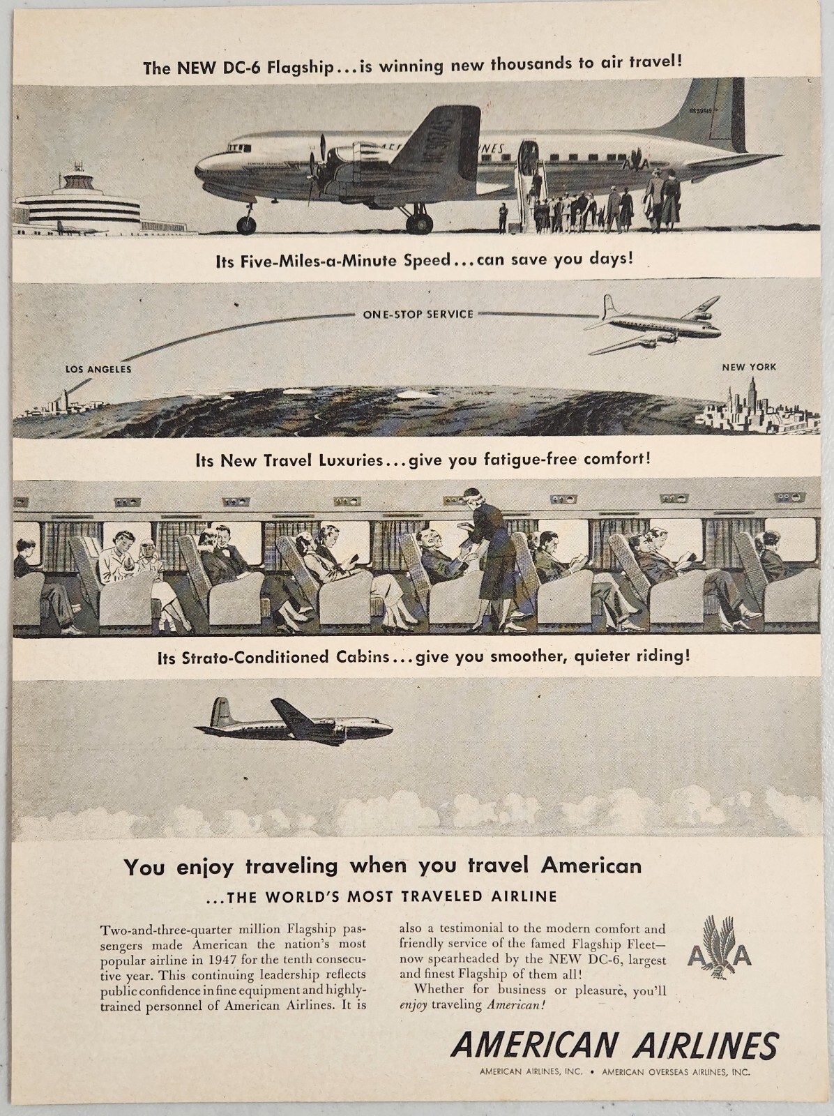 1948 Print Ad American Airlines New DC-6 Flagship Passenger Airplane 1948 Print Ad American Airlines New DC-6 Flagship Passenger Airplane