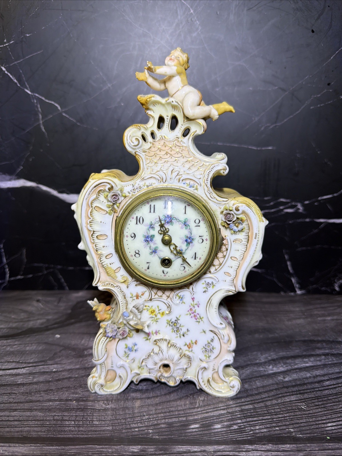 Antique 19C Sitzendorf Porcelain Clock Cherub Flute Floral For Parts Repair