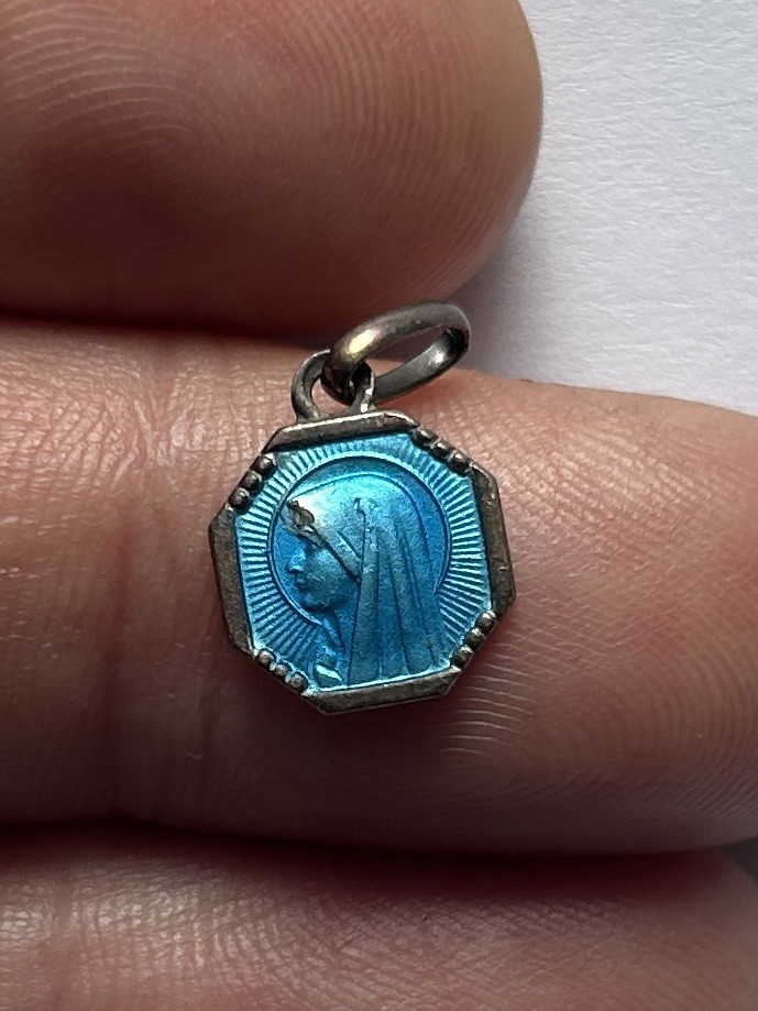 • Antique French Turquoise Enamel Virgin Mary Medal Octagonal Art Deco Pendant