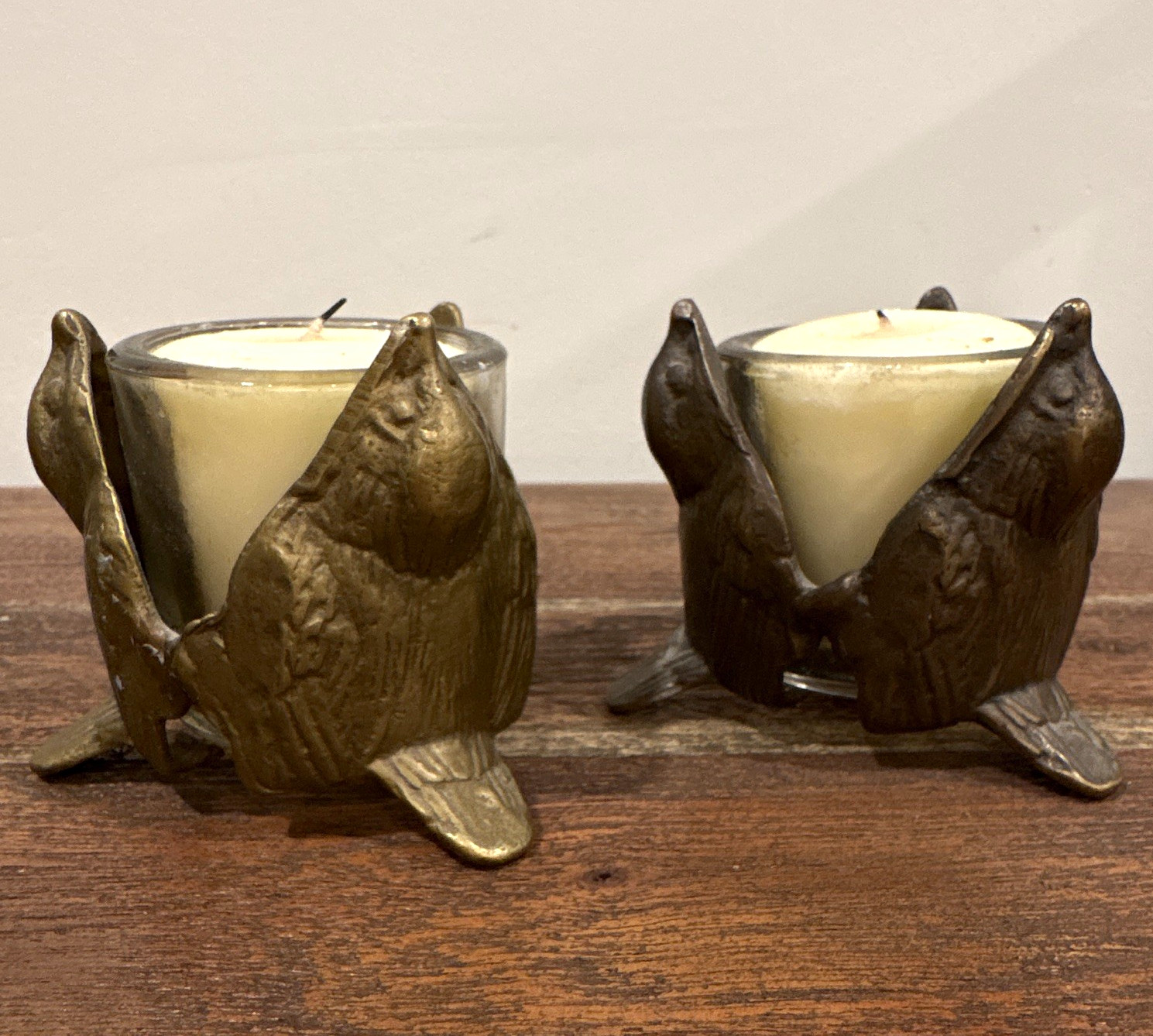 Vintage Pair of Brass Bird Candle Holders Votives w/ Glass Cups Vintage Pair of Brass Bird Candle Holders Votives w/ Glass Cups